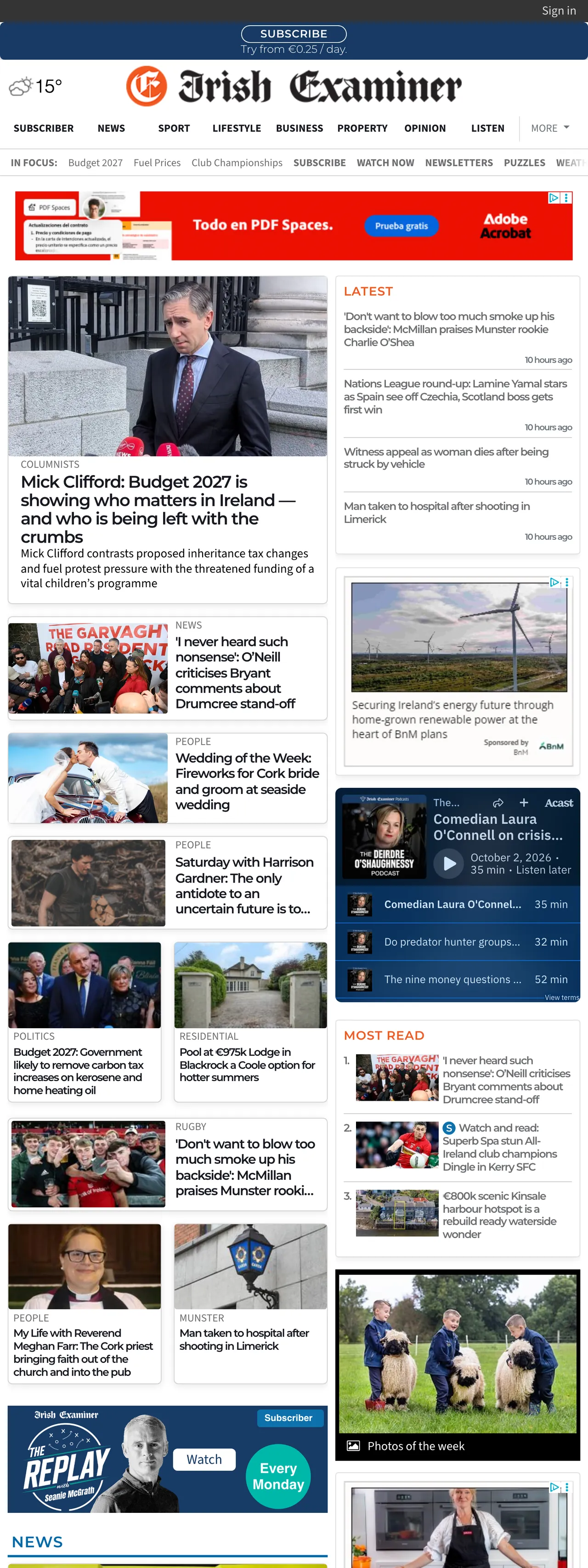 Screenshot of the Irish Examiner front page