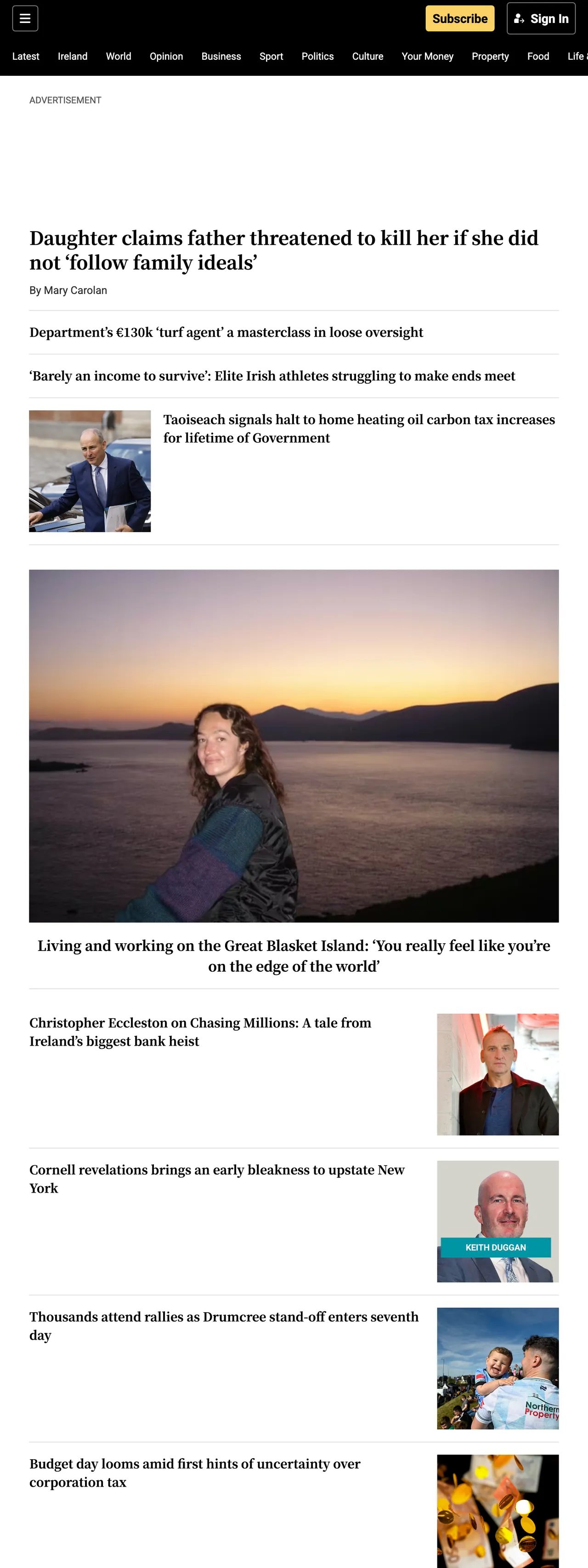 Screenshot of the The Irish Times front page