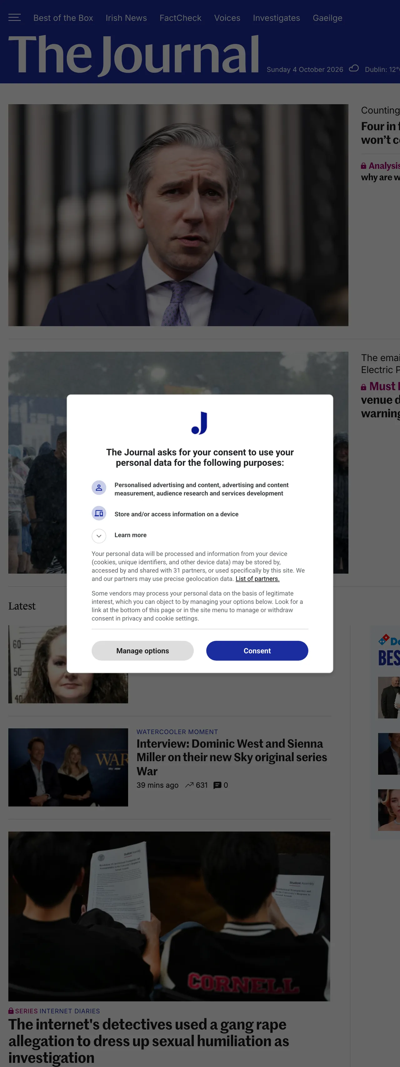 Screenshot of the TheJournal.ie front page