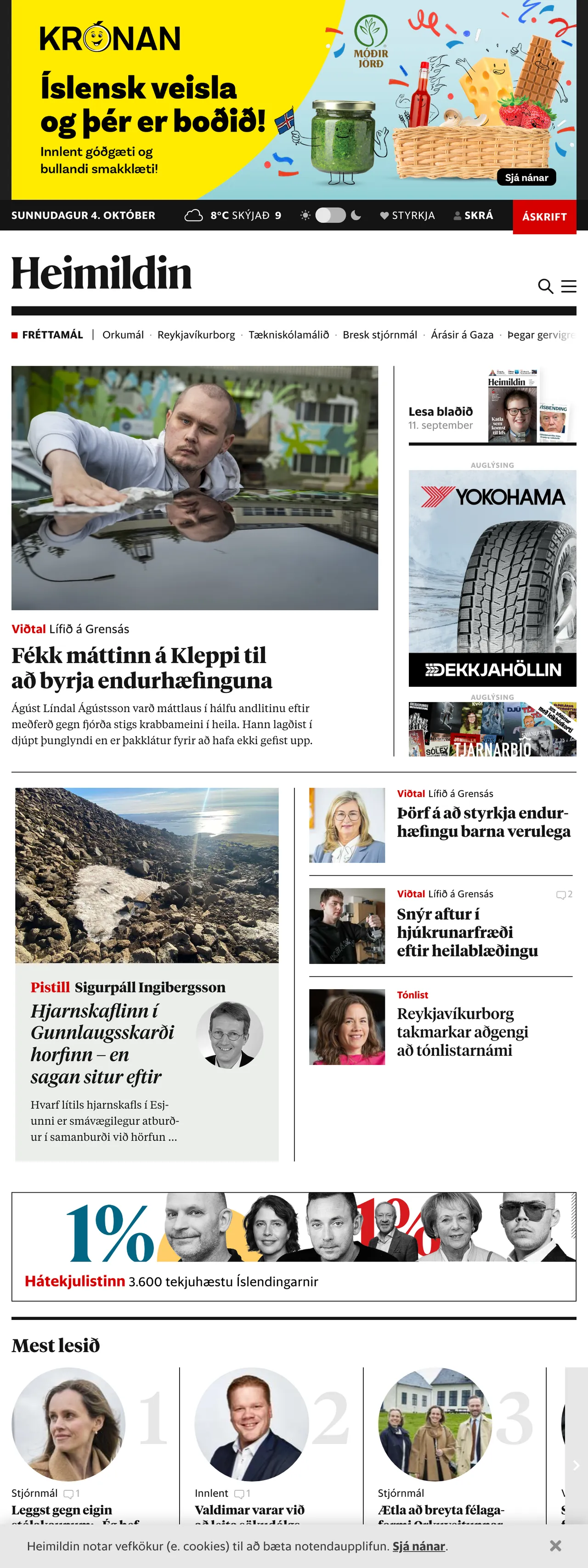 Screenshot of the Heimildin front page