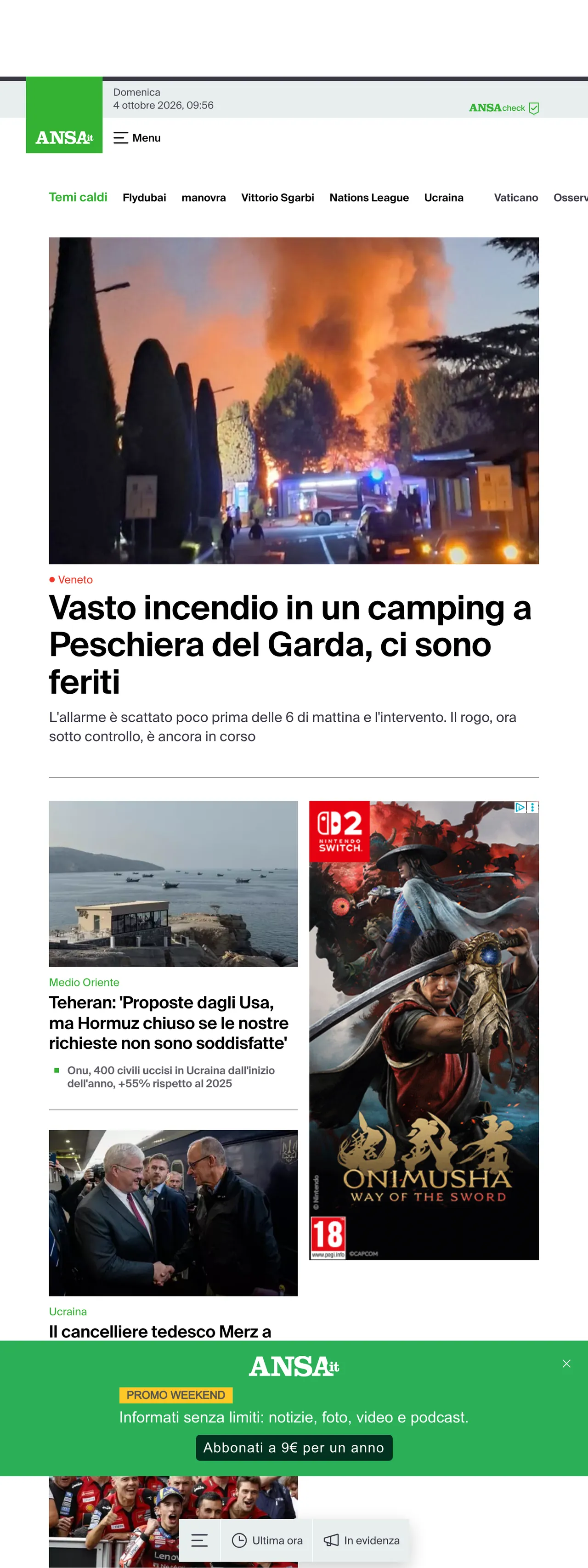 Screenshot of the ANSA front page