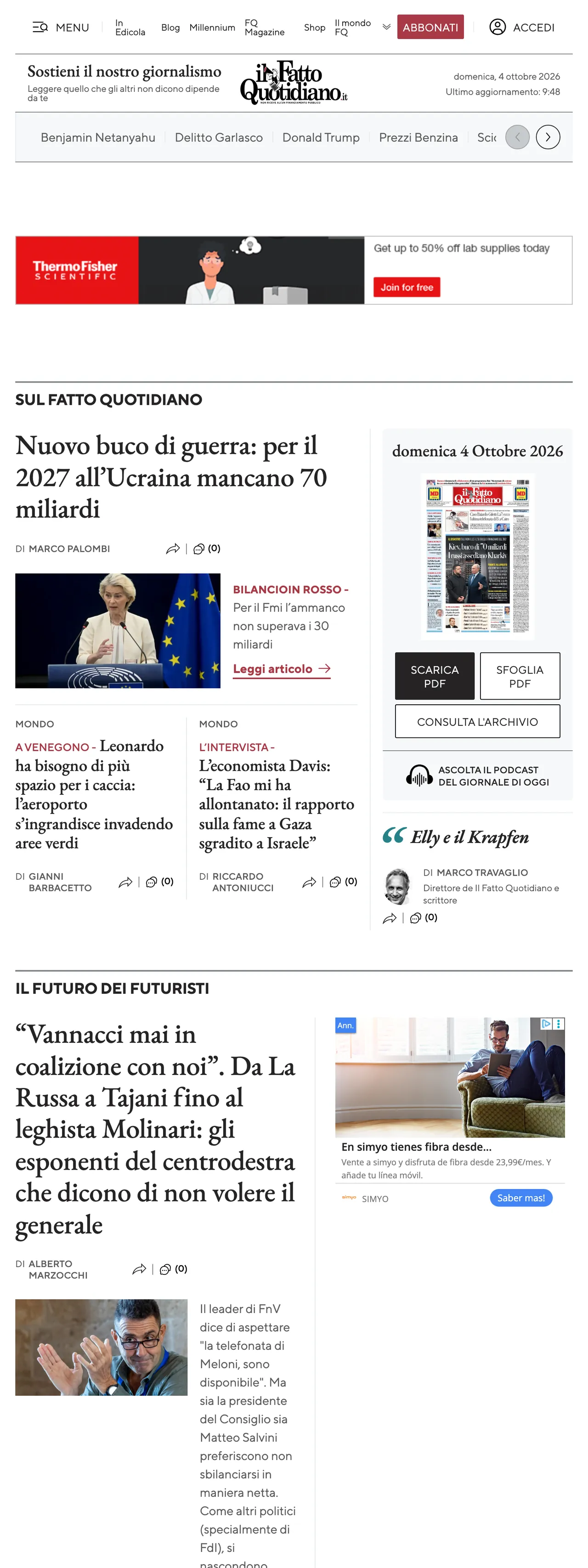 Screenshot of the Il Fatto Quotidiano front page