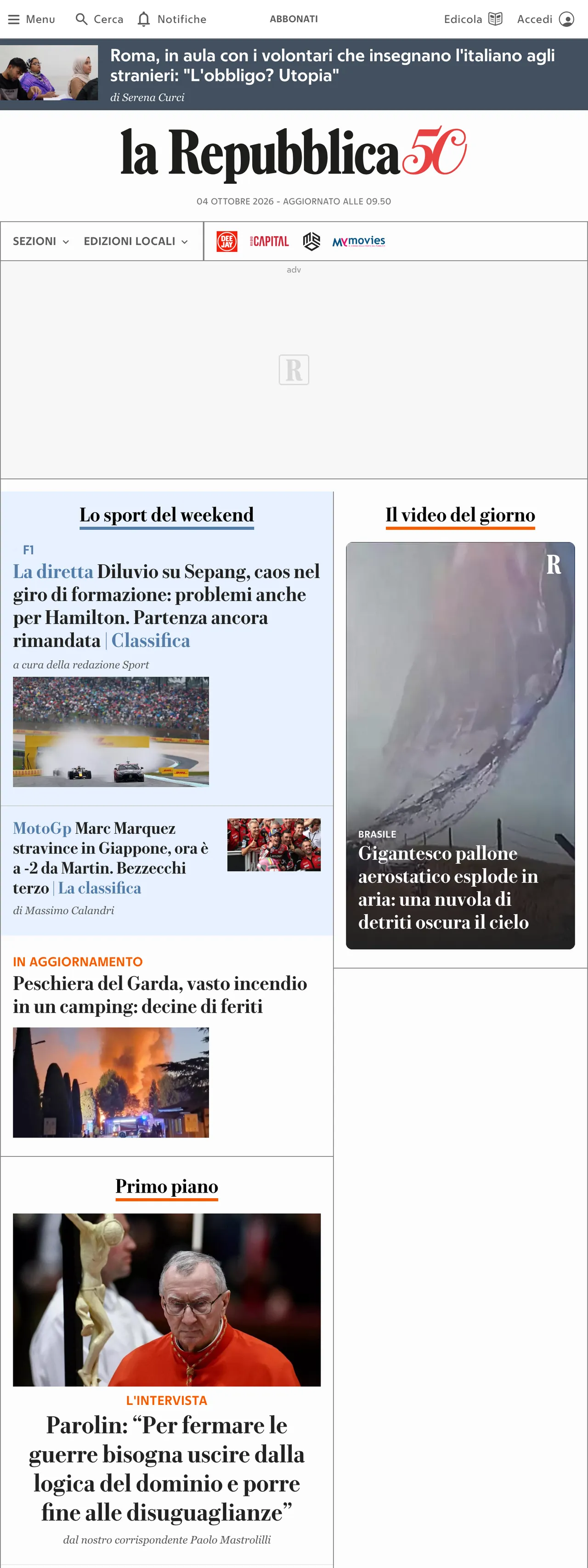 Screenshot of the la Repubblica front page