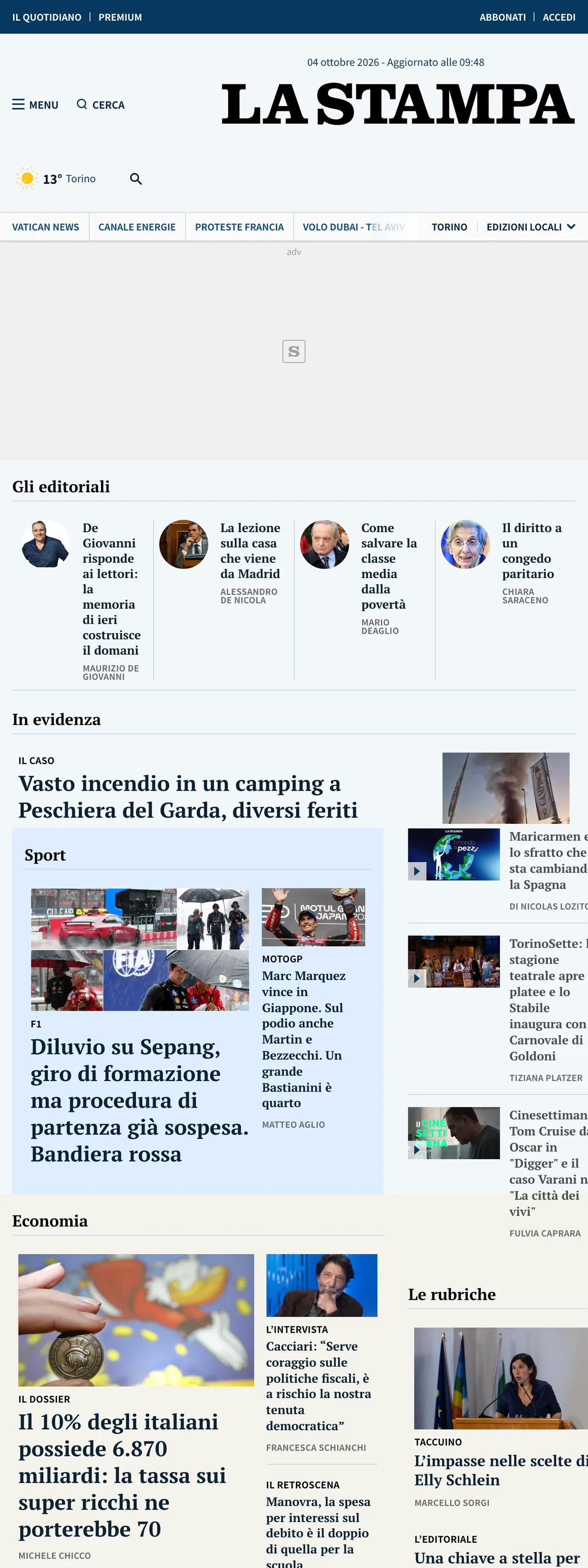Screenshot of the La Stampa front page