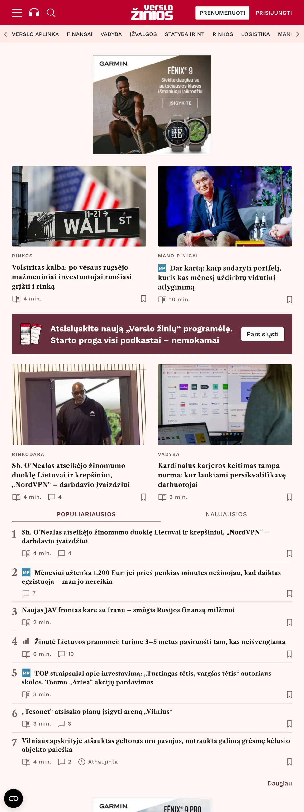 Screenshot of the Verslo žinios front page
