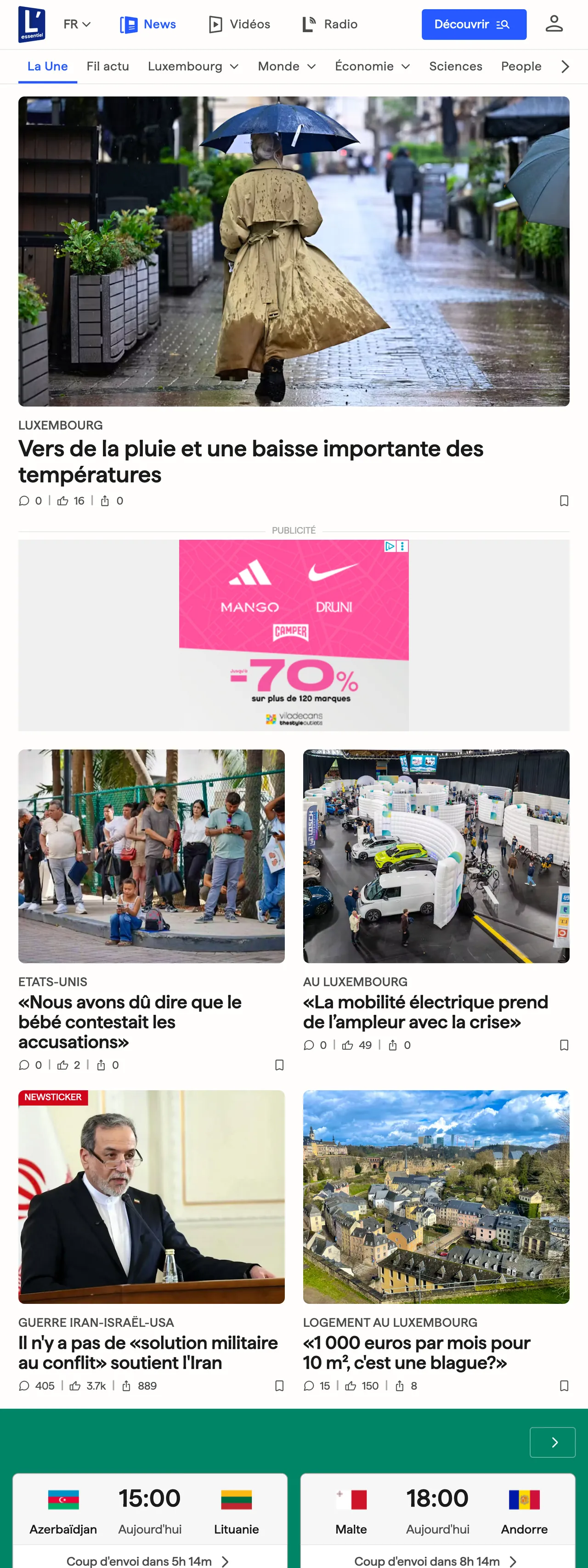 Screenshot of the L'essentiel front page