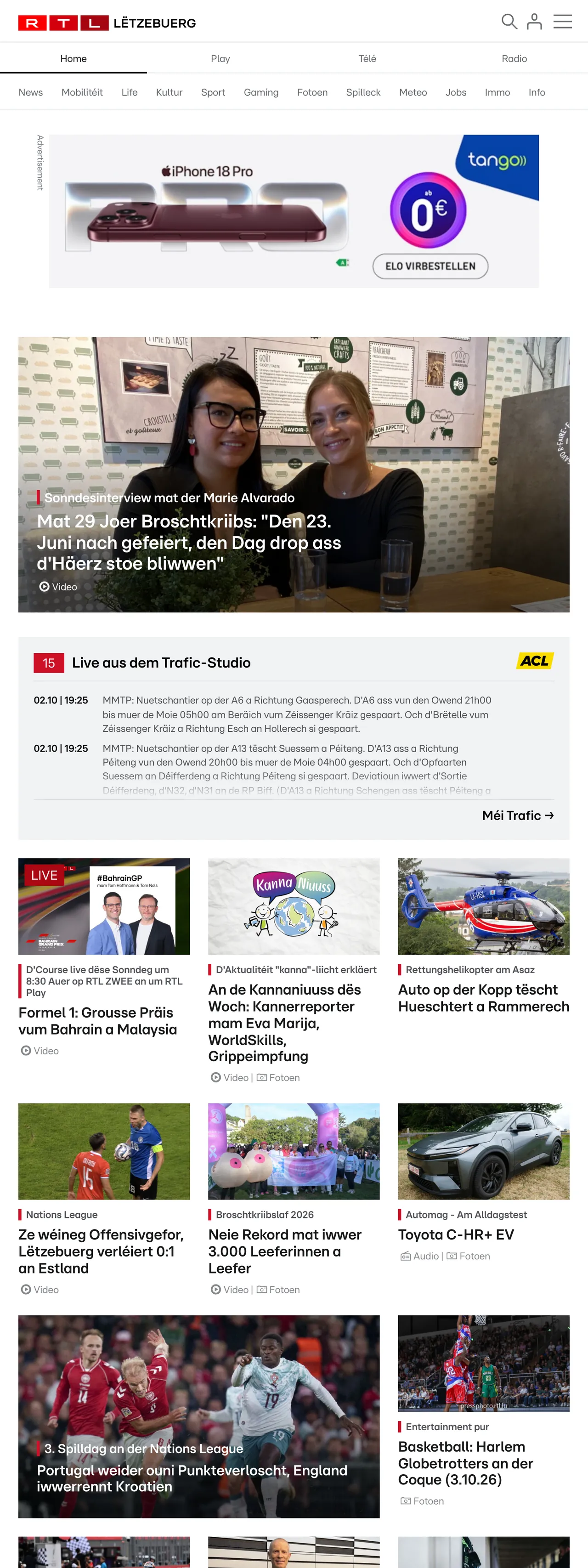 Screenshot of the RTL Lëtzebuerg front page