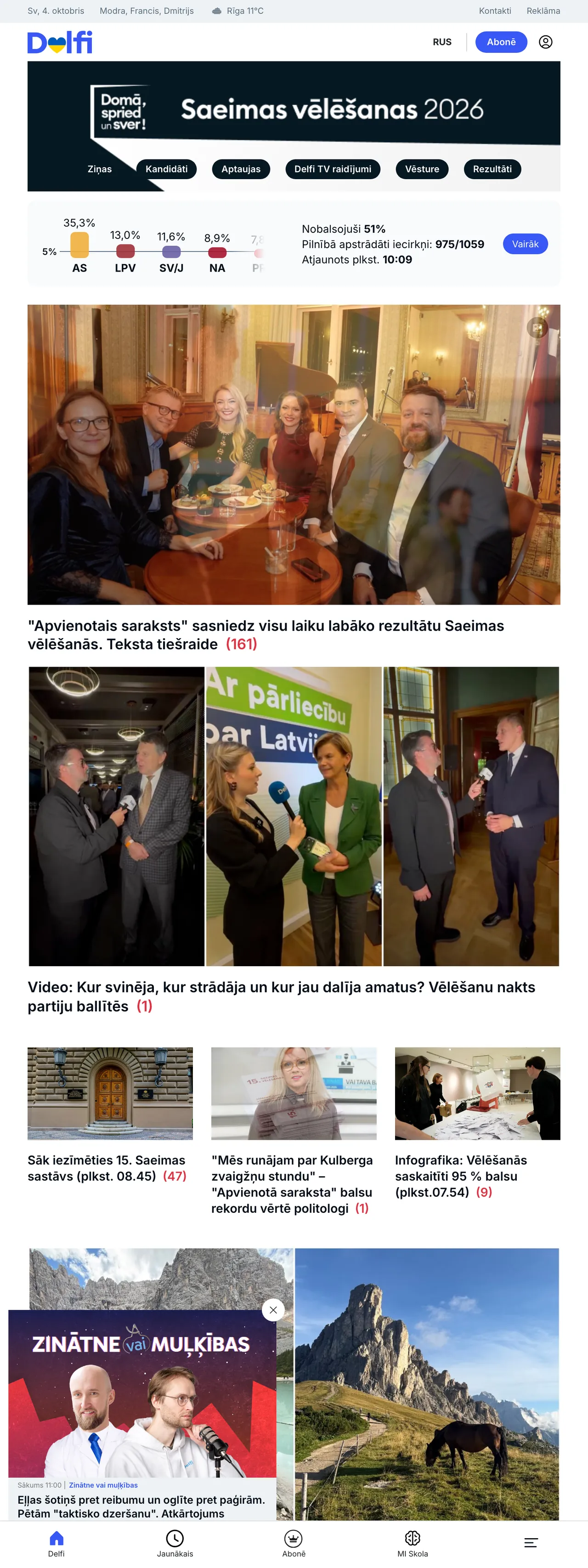 Screenshot of the Delfi front page