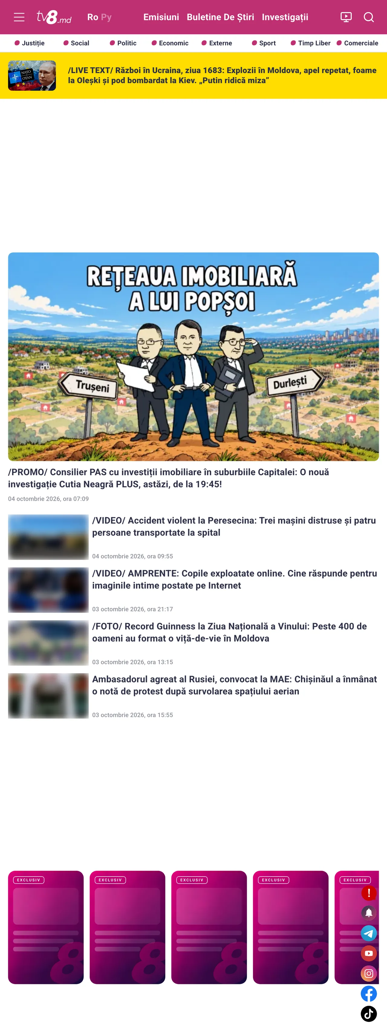 Screenshot of the TV8 front page