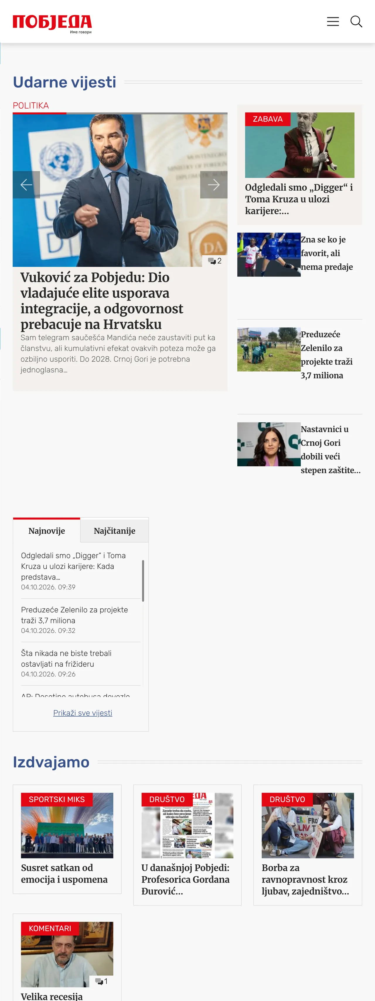 Screenshot of the Pobjeda front page