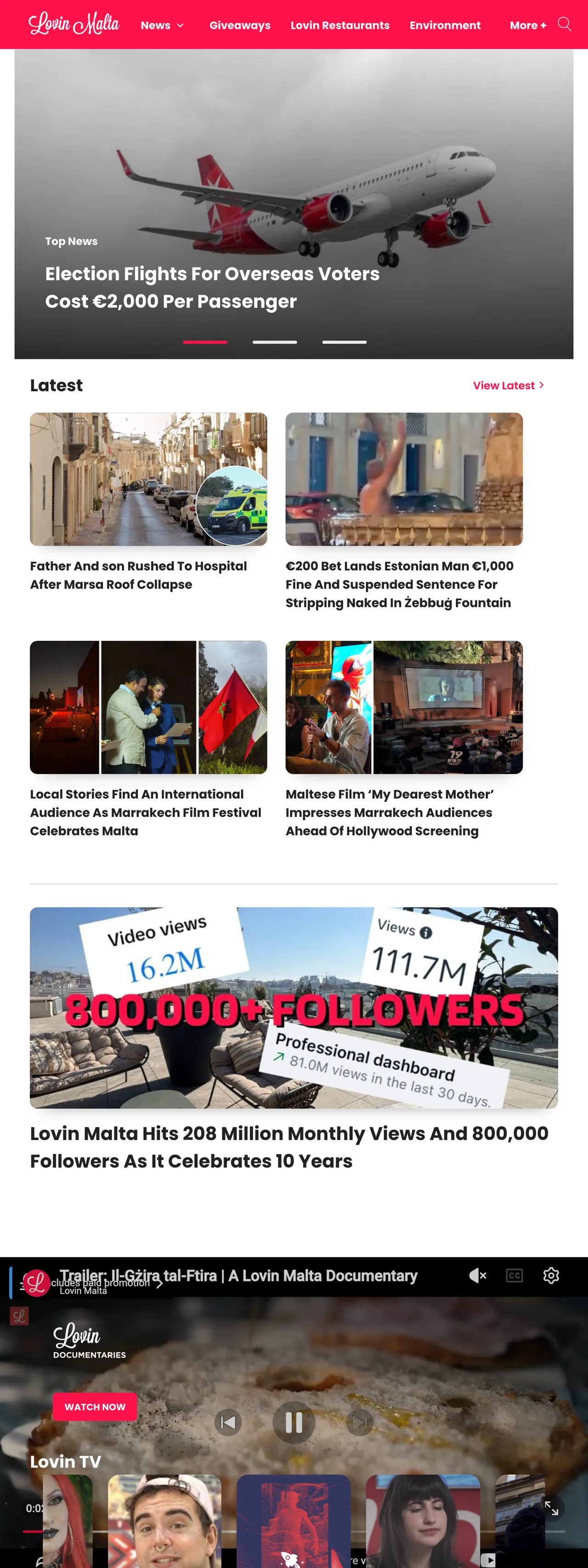 Screenshot of the Lovin Malta front page
