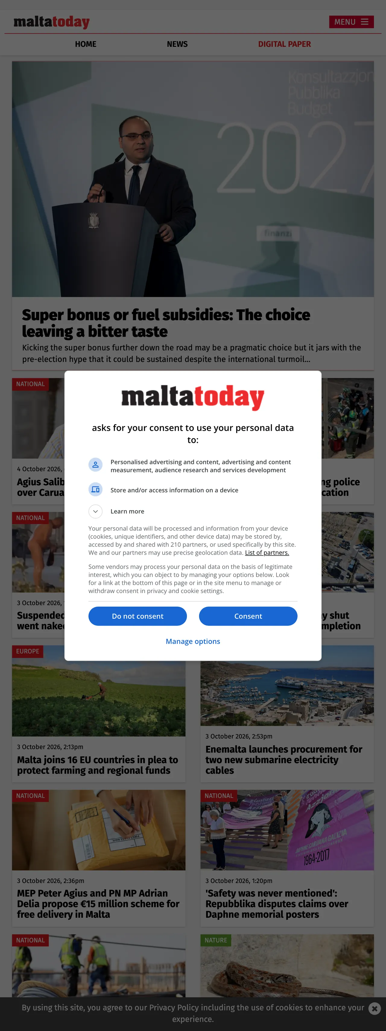 Screenshot of the Malta Today front page