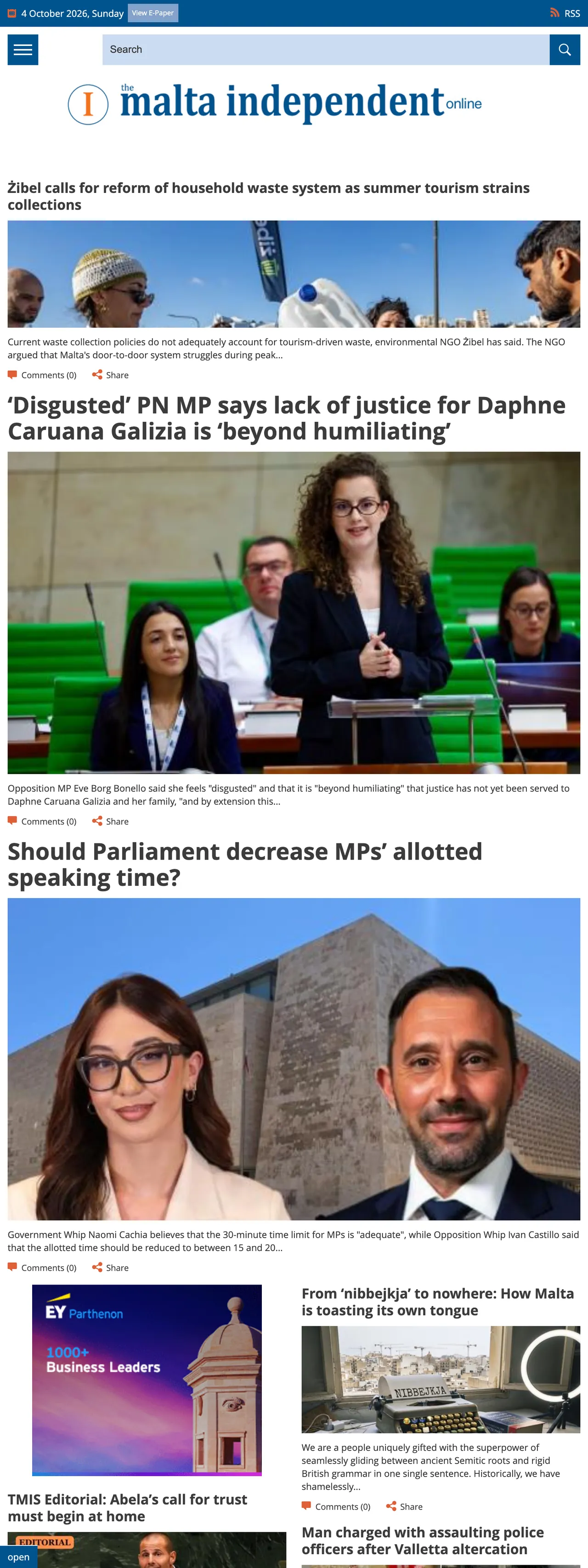 Screenshot of the The Malta Independent front page