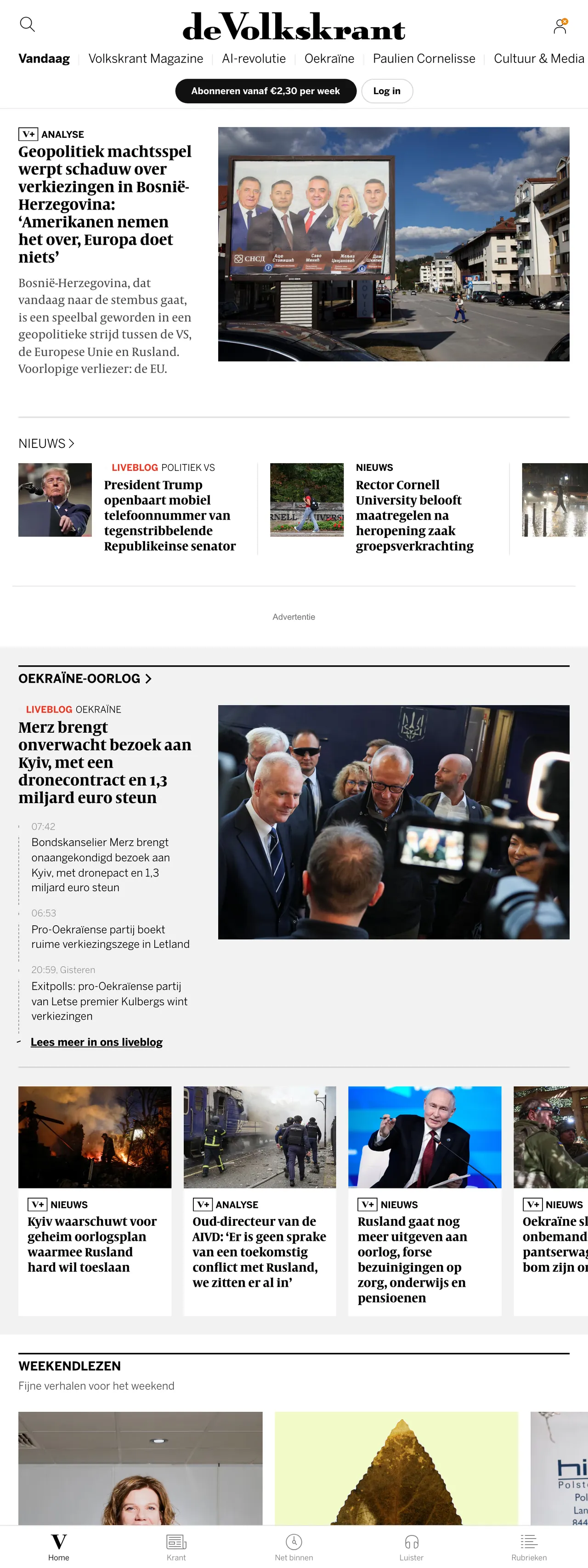 Screenshot of the de Volkskrant front page
