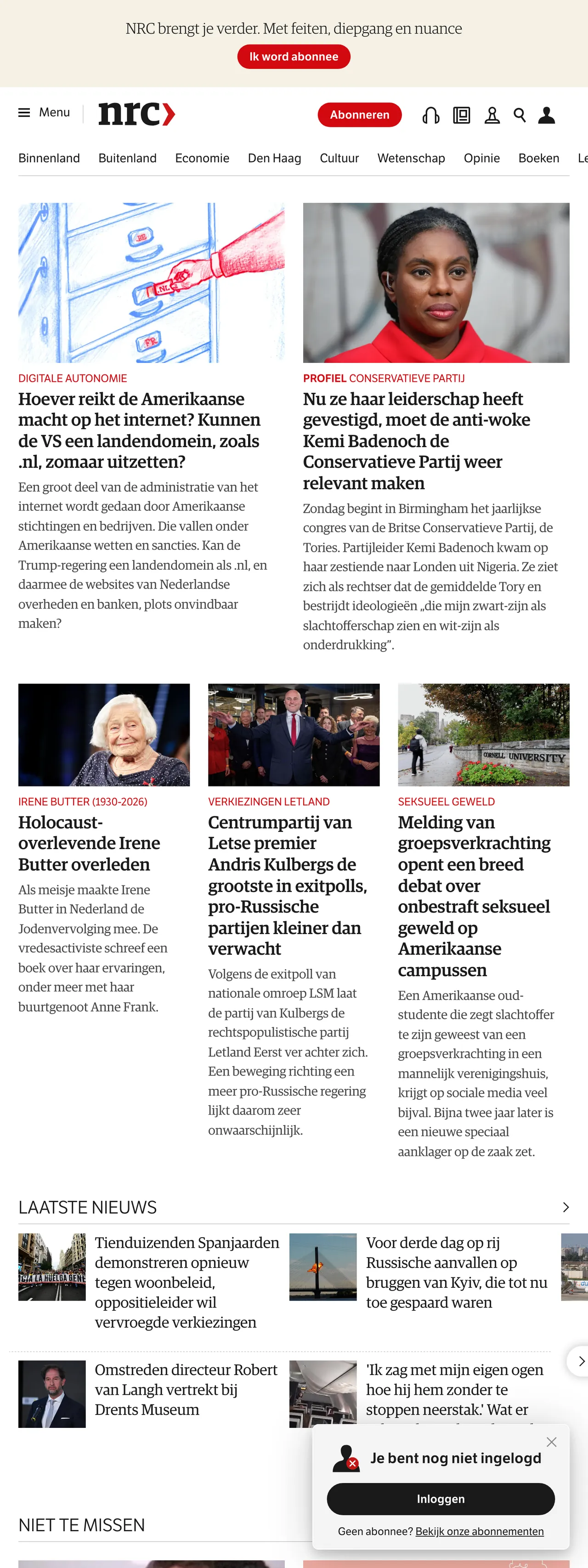 Screenshot of the NRC front page