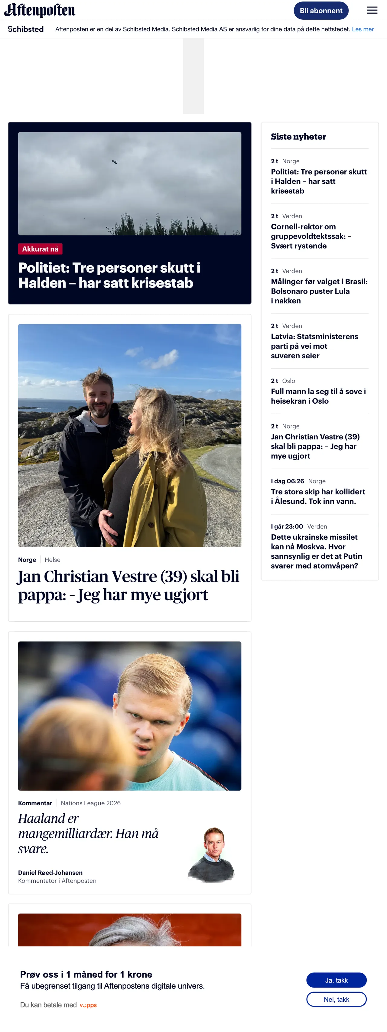 Screenshot of the Aftenposten front page