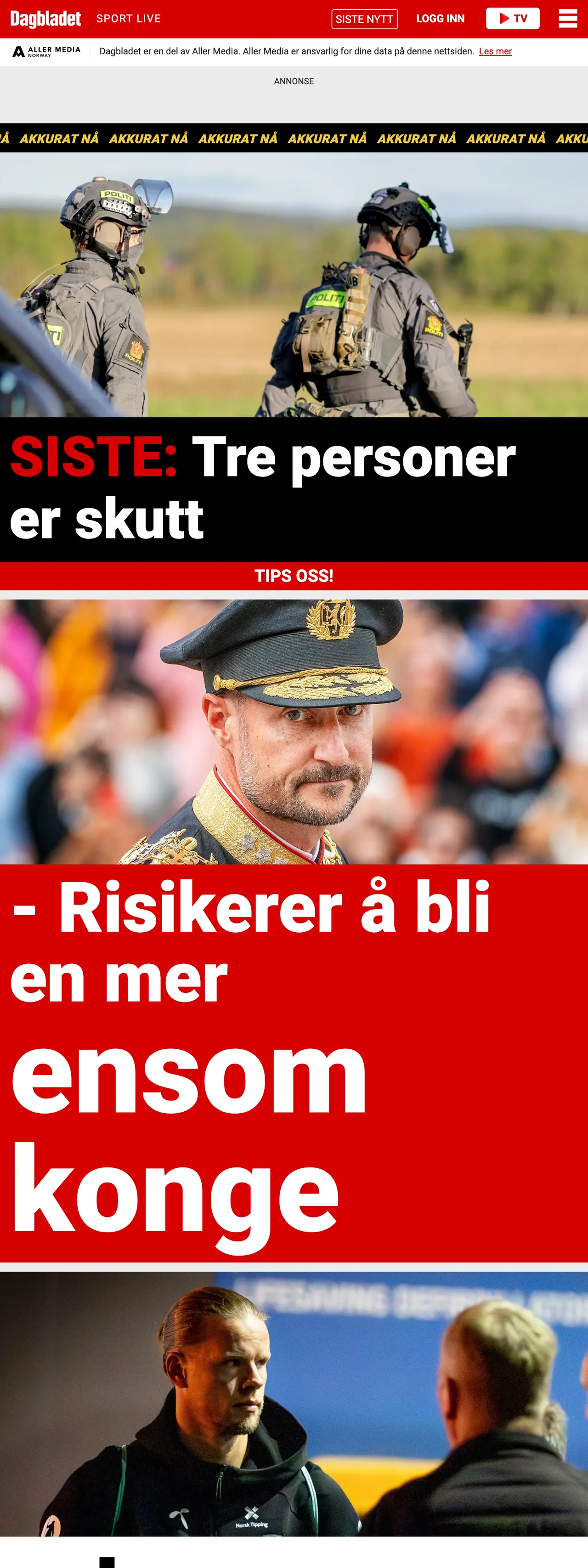 Screenshot of the Dagbladet front page
