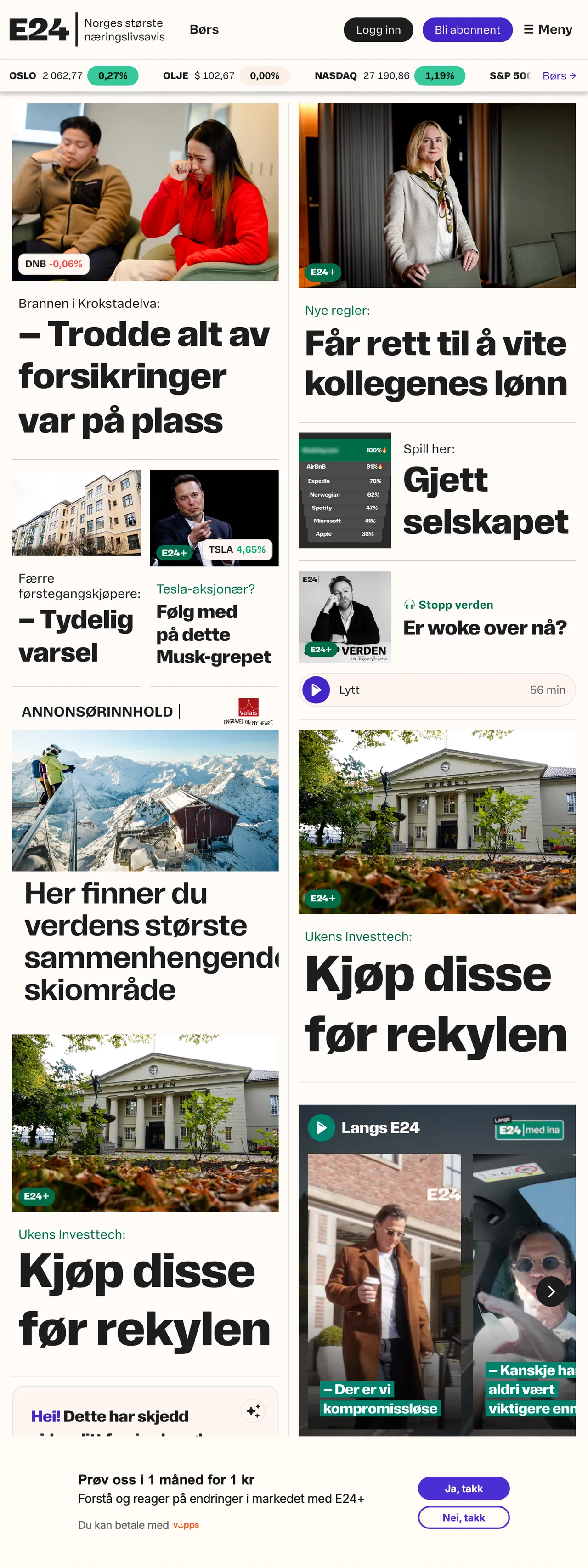 Screenshot of the E24 front page