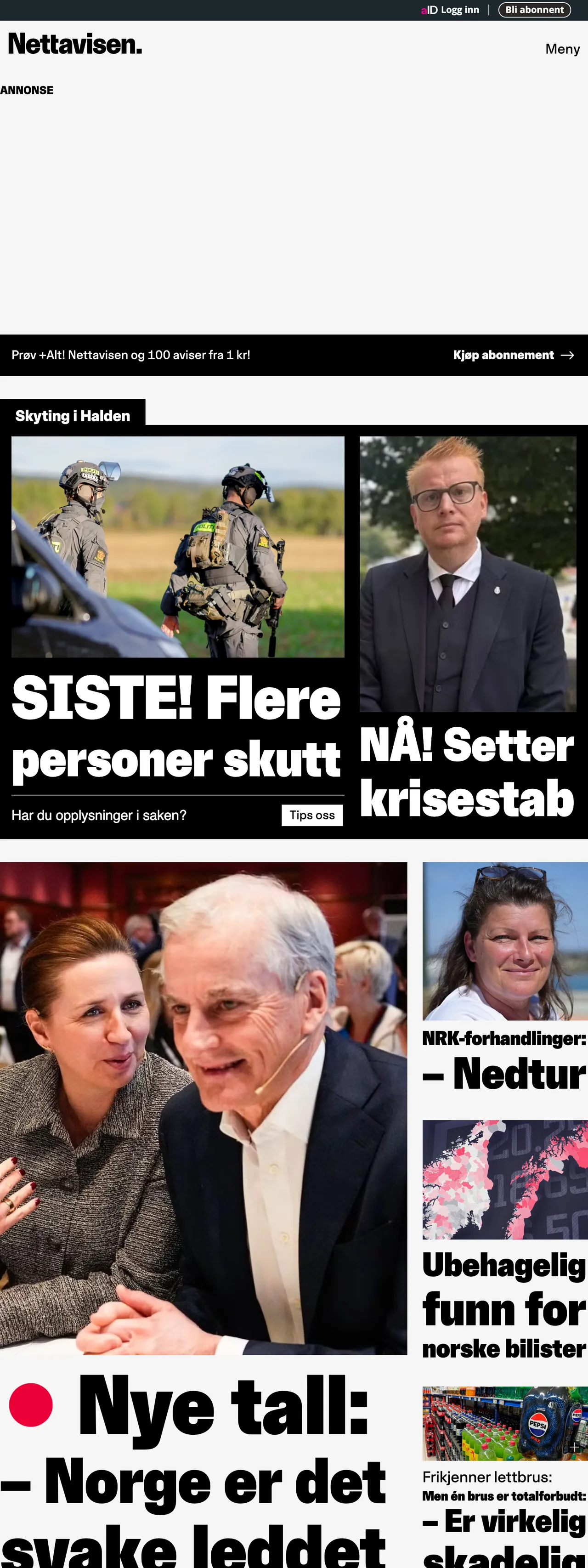 Screenshot of the Nettavisen front page