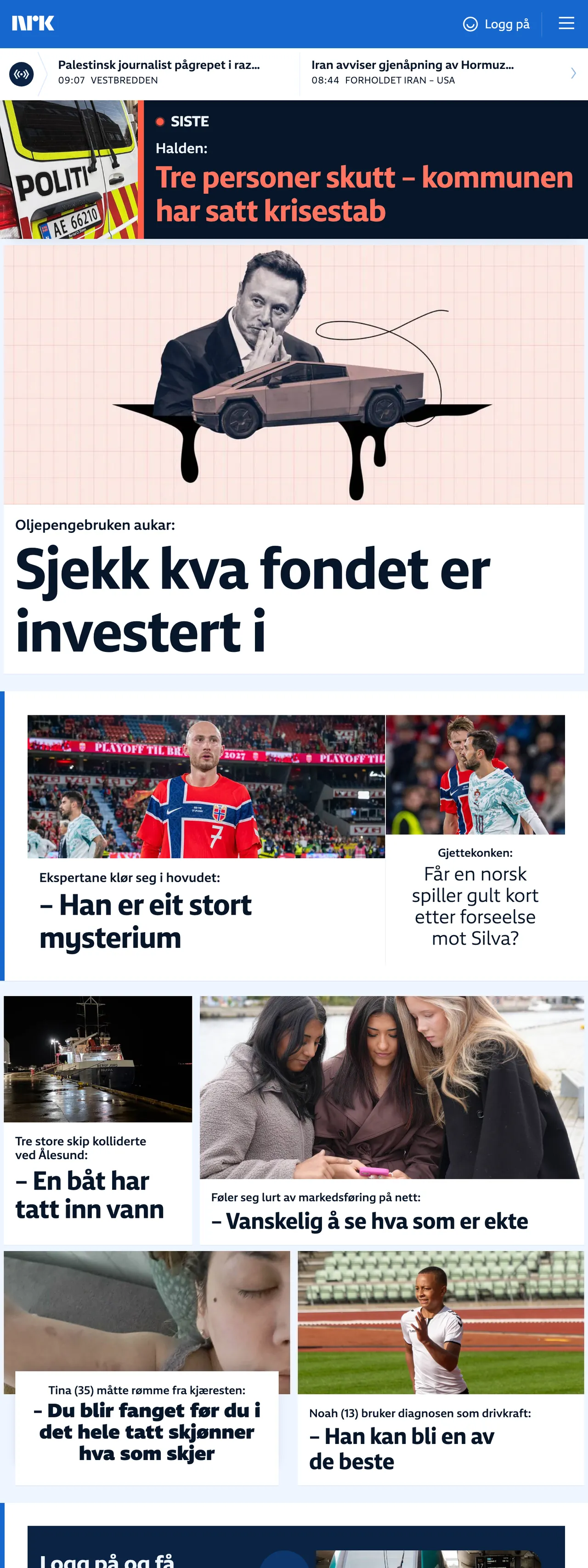 Screenshot of the NRK front page