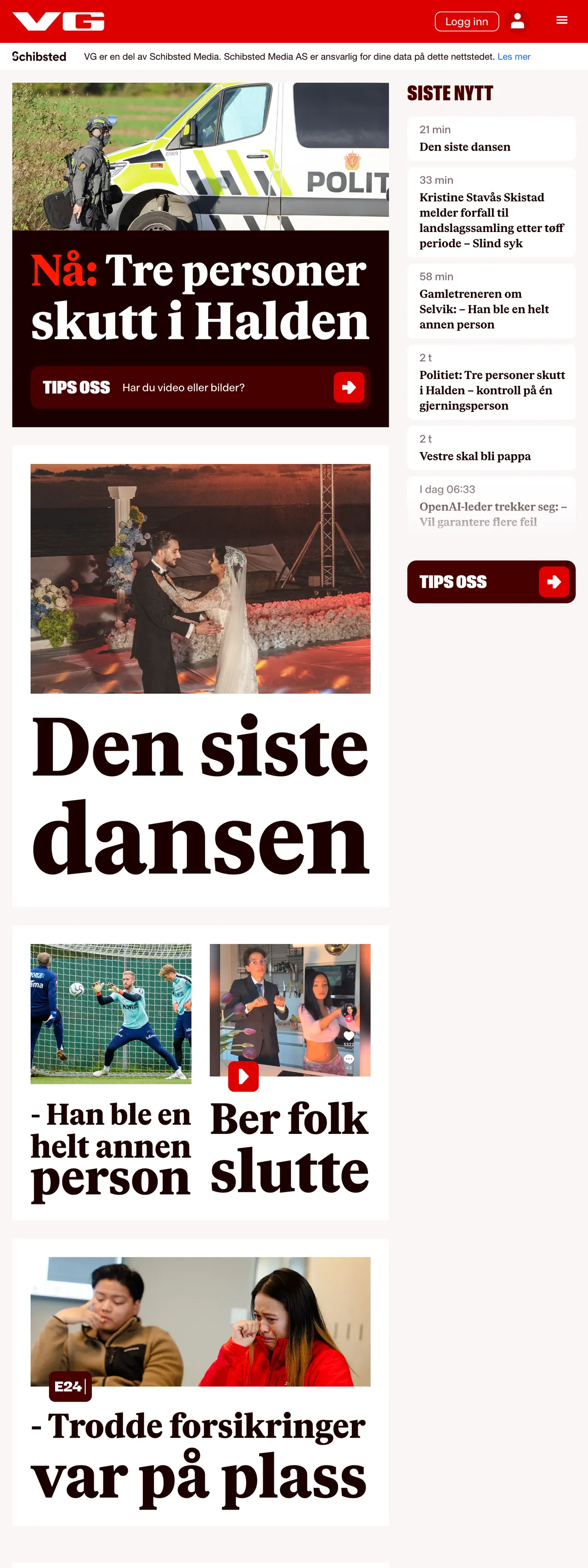 Screenshot of the VG front page
