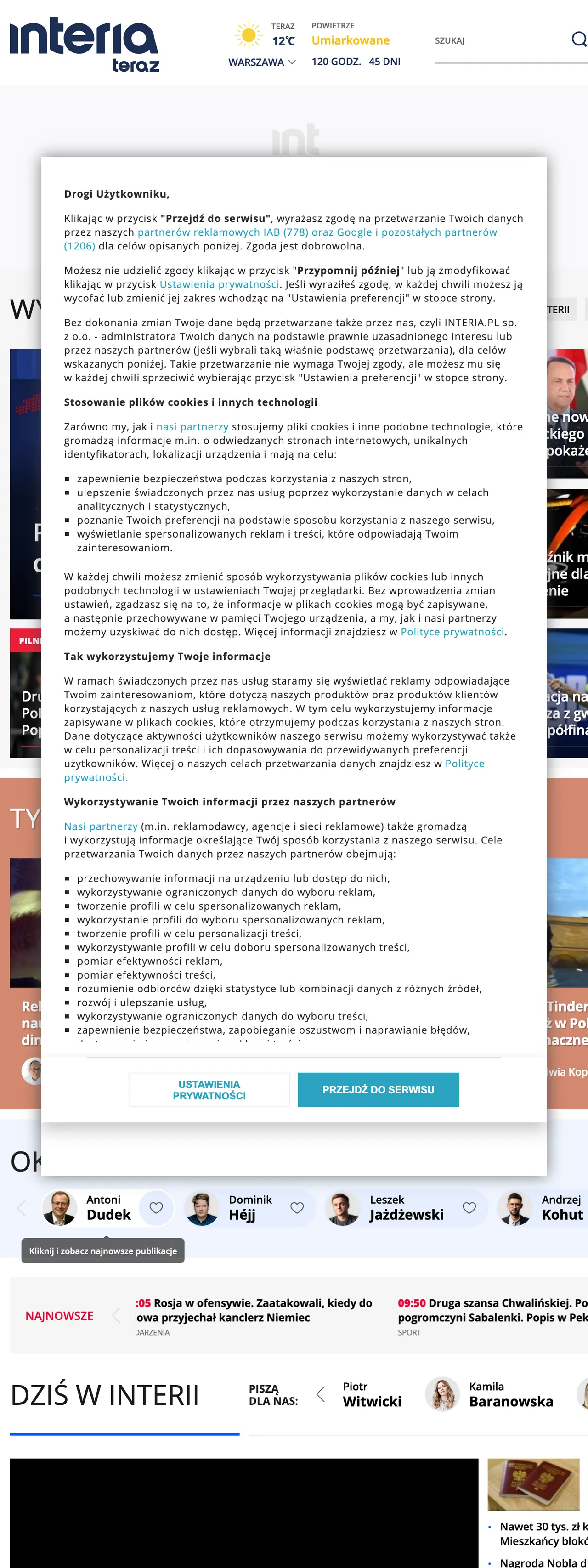 Screenshot of the Interia front page