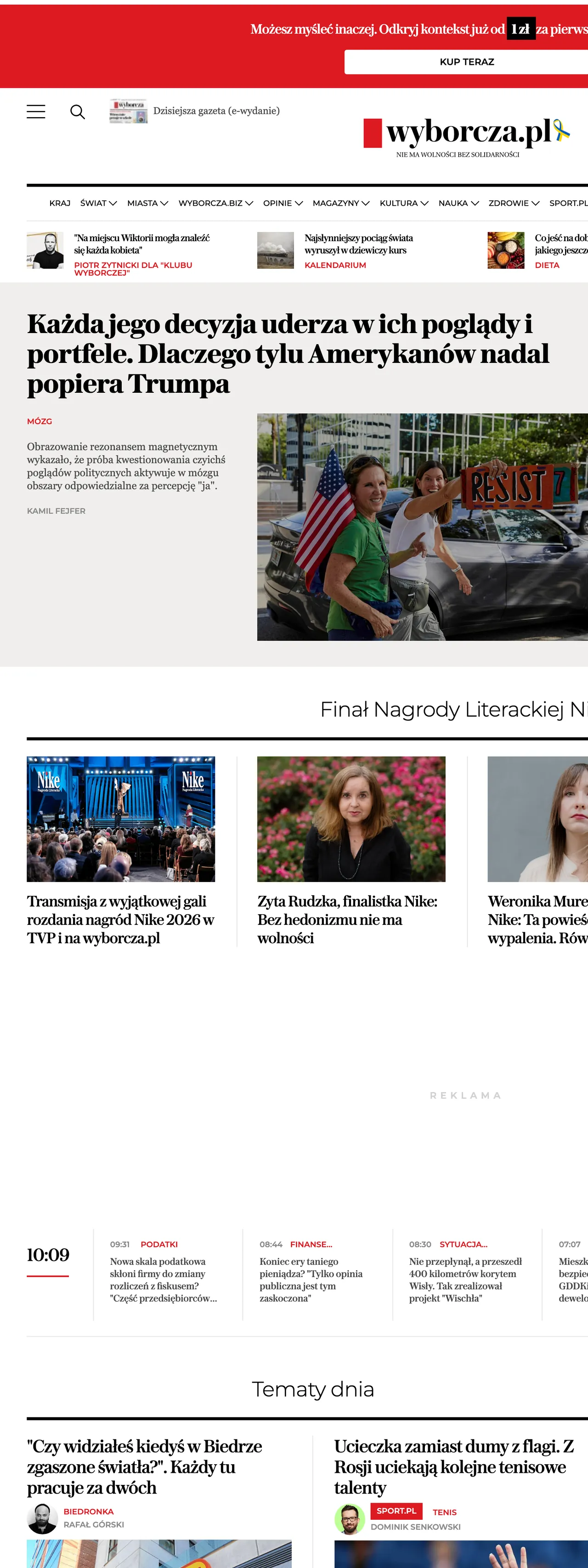 Screenshot of the Wyborcza front page