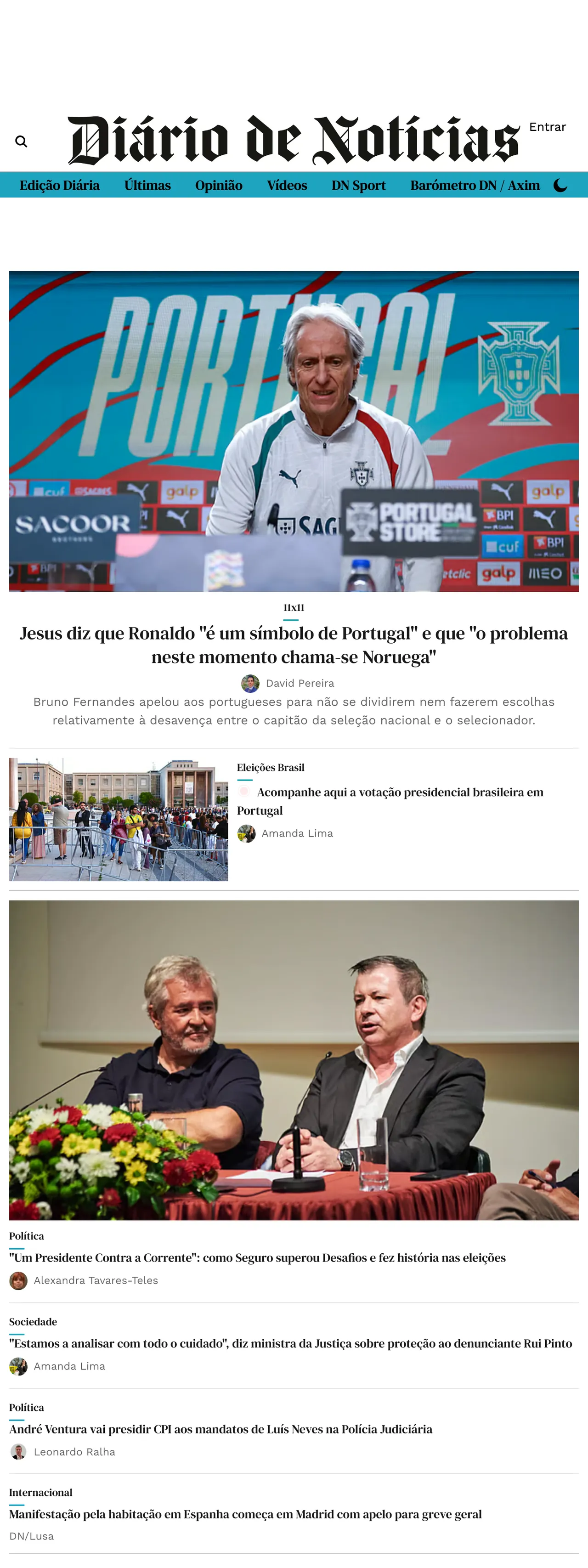 Screenshot of the Diário de Notícias front page