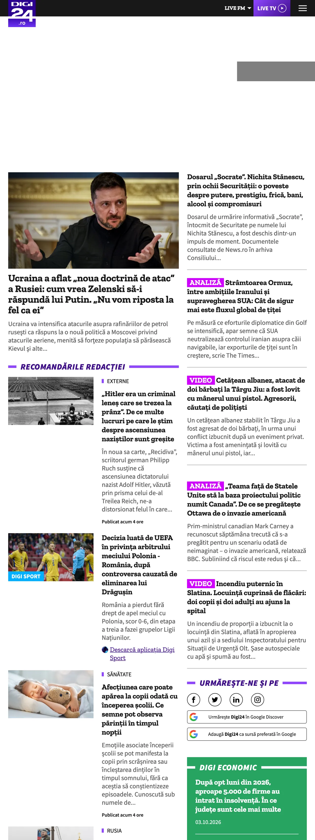 Screenshot of the Digi24 front page
