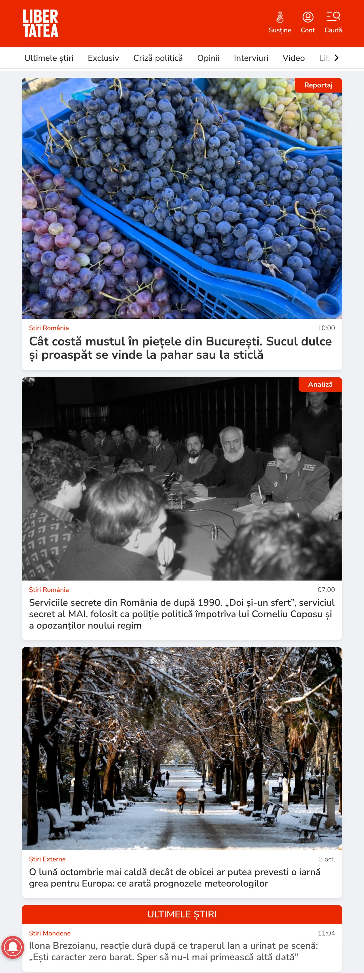 Screenshot of the Libertatea front page