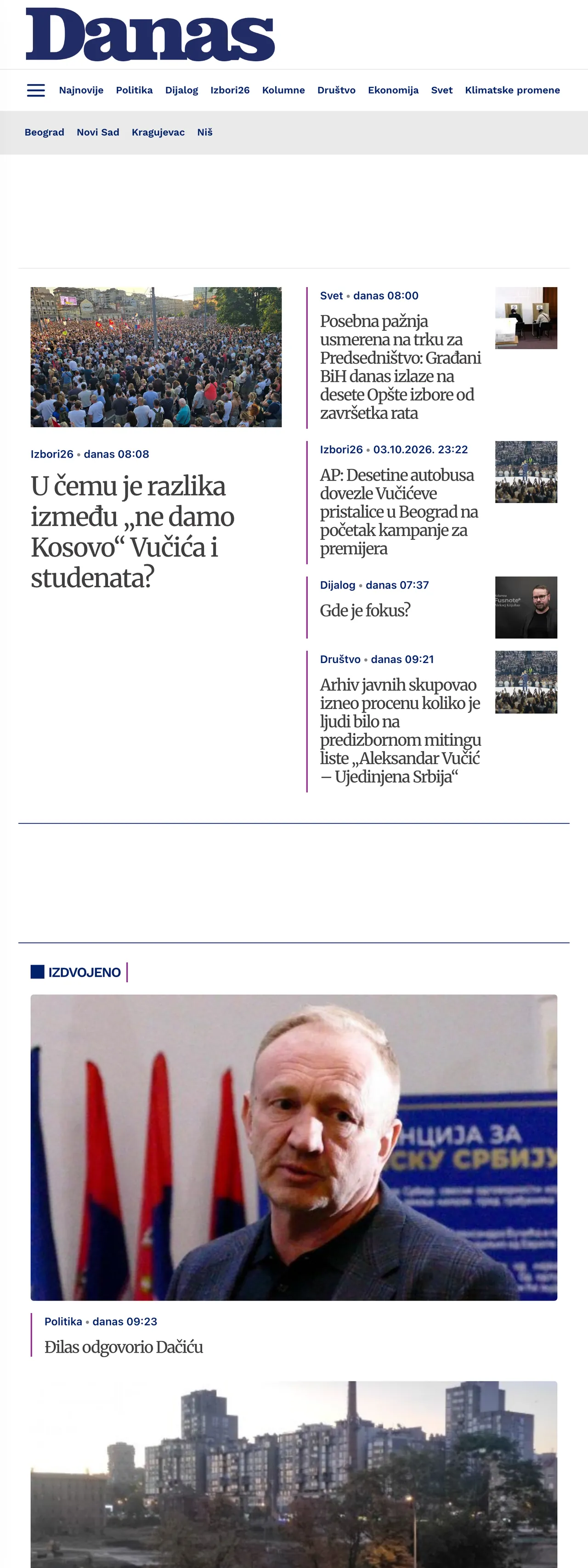 Screenshot of the Danas front page