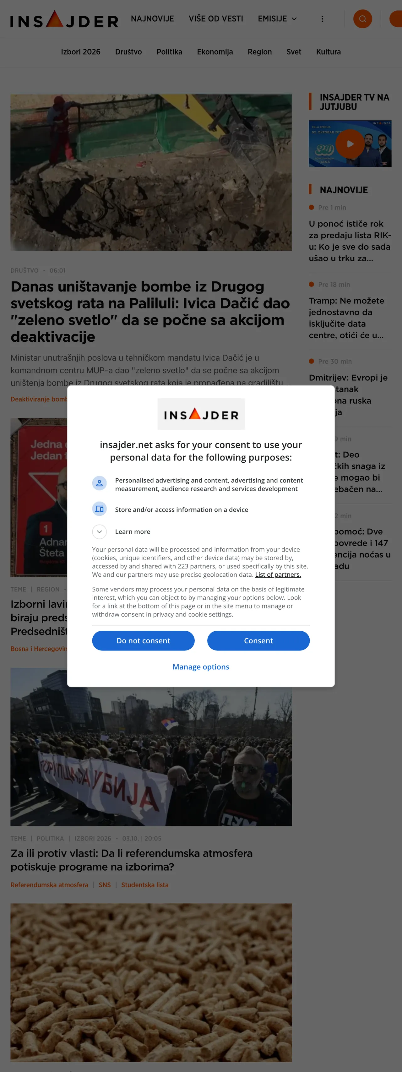 Screenshot of the Insajder front page