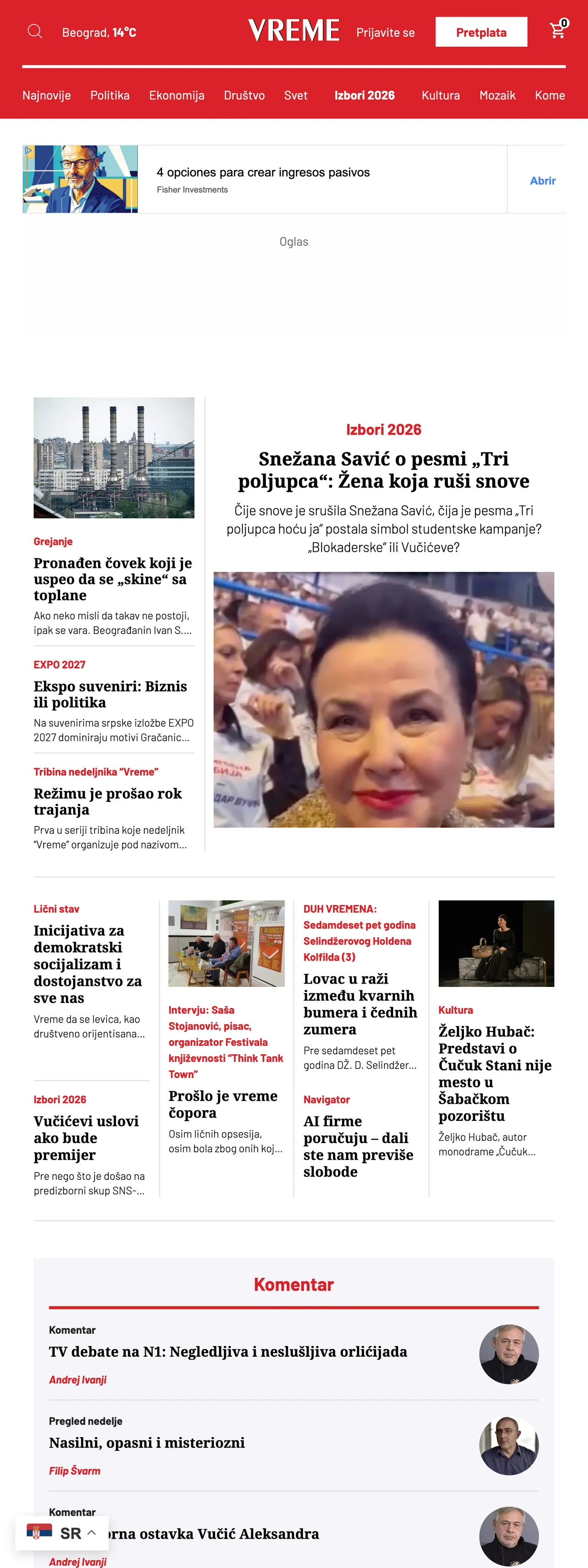 Screenshot of the Vreme front page