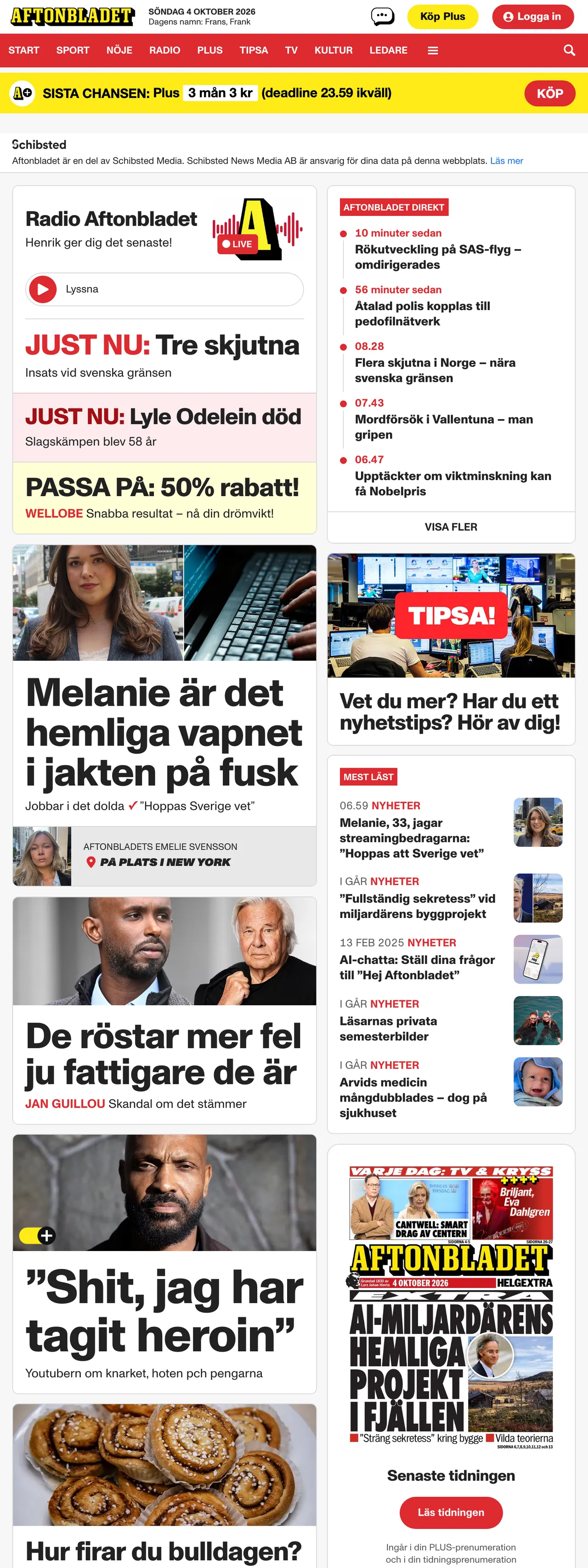 Screenshot of the Aftonbladet front page
