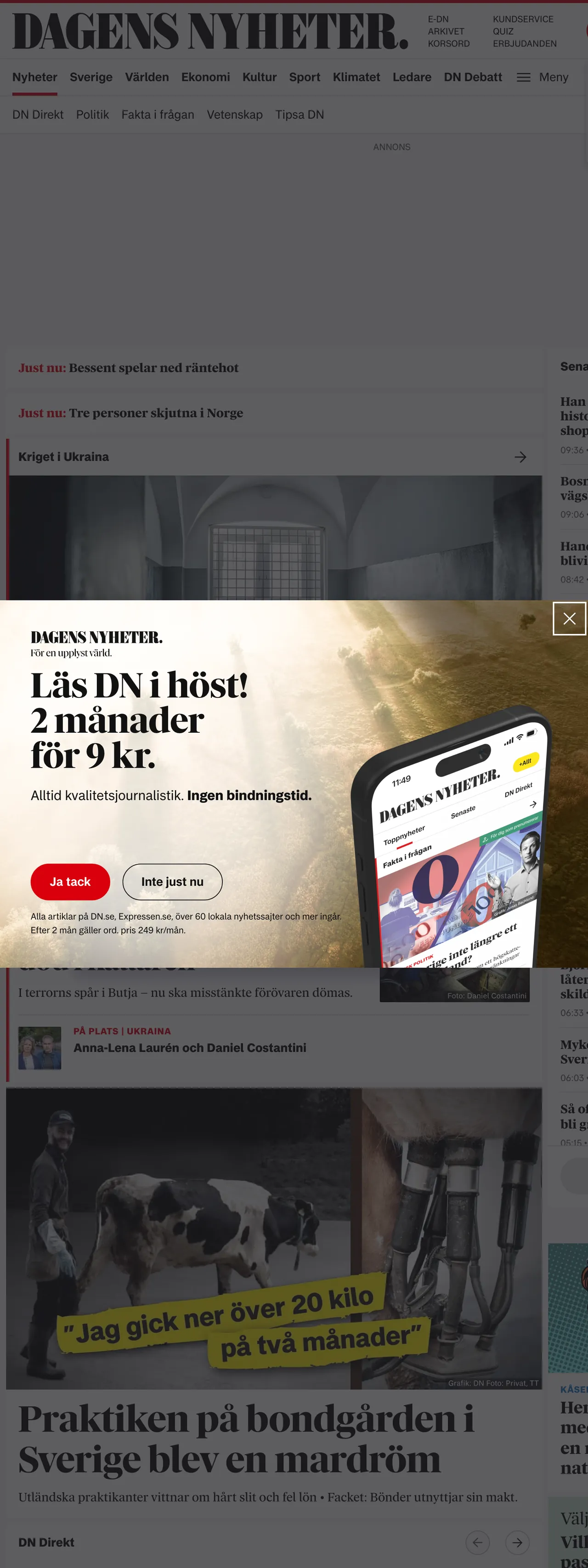 Screenshot of the Dagens Nyheter front page