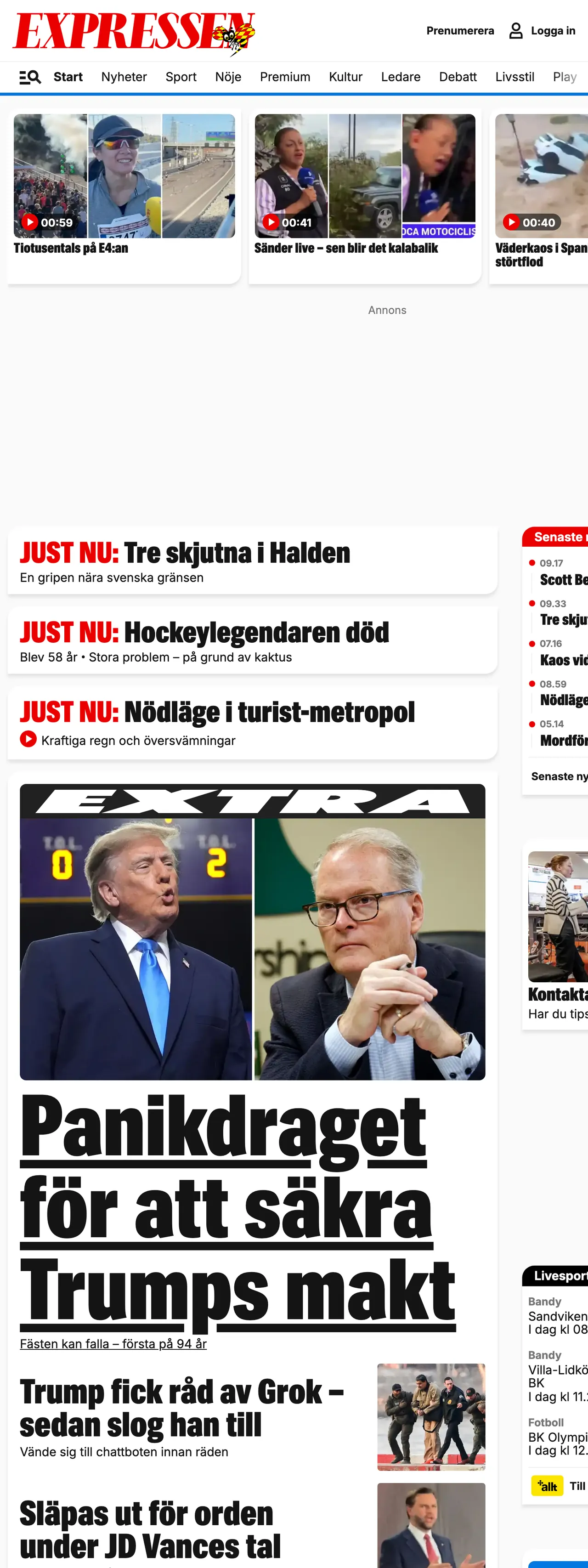 Screenshot of the Expressen front page