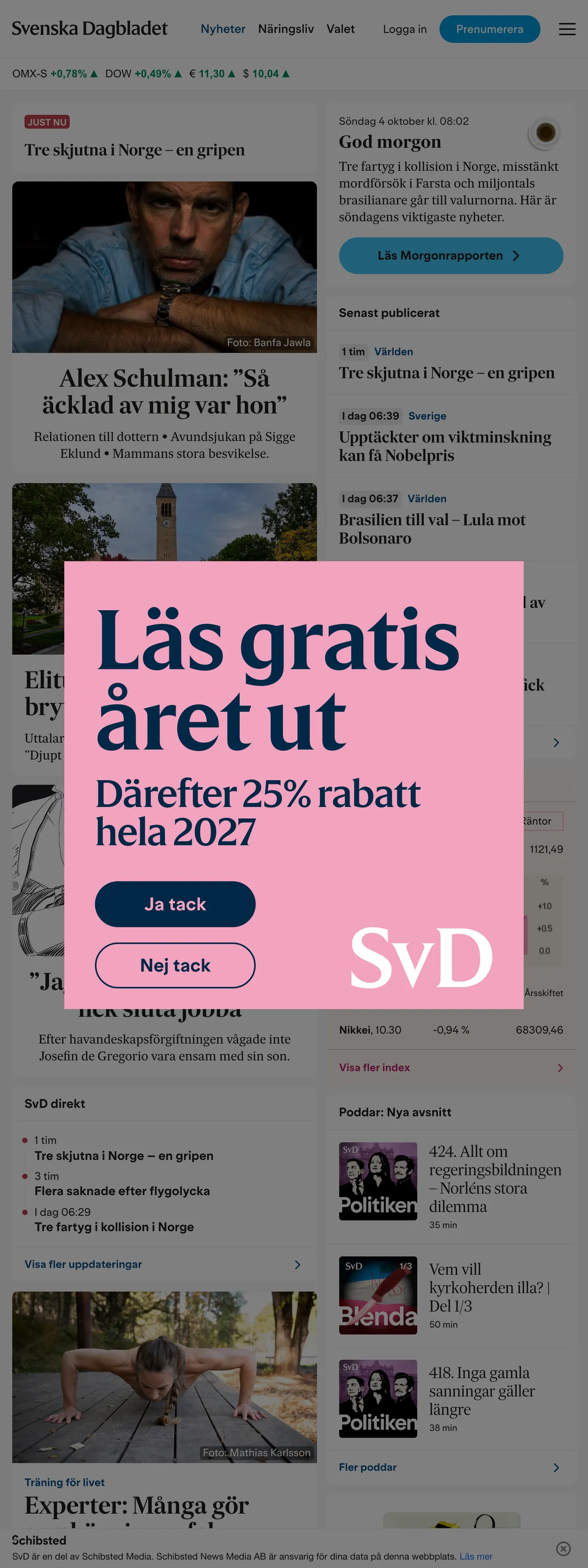 Screenshot of the Svenska Dagbladet front page