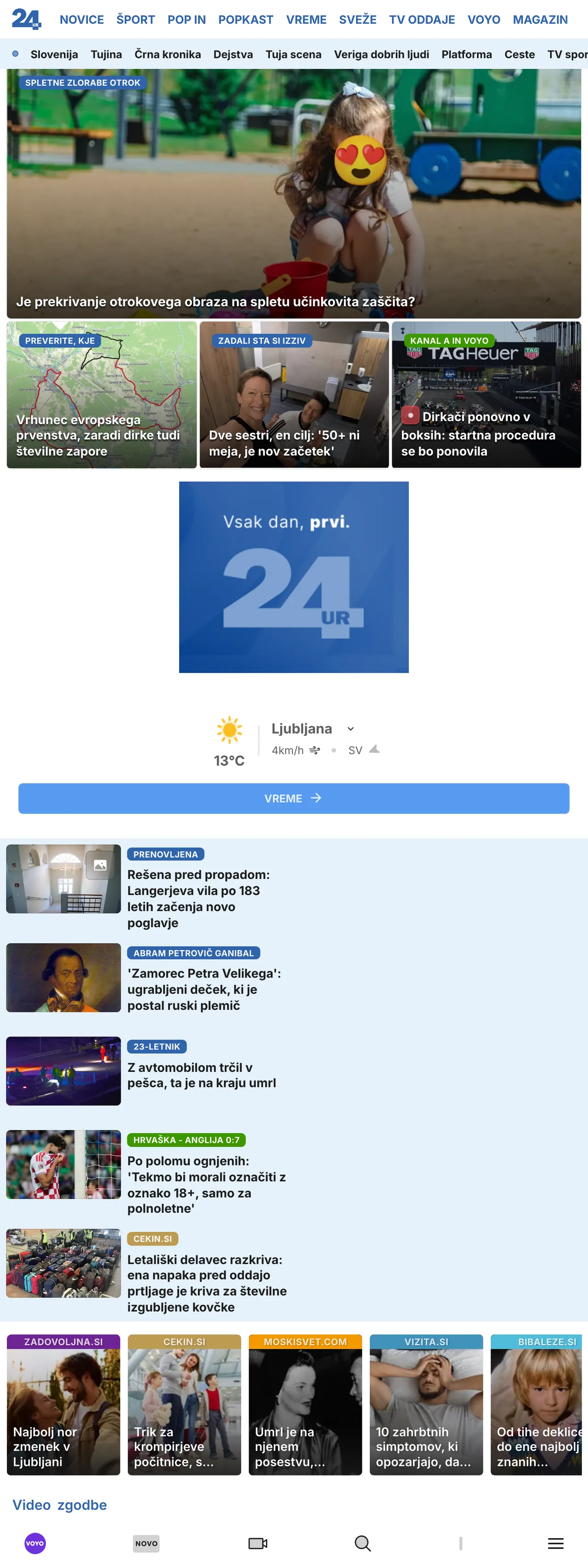 Screenshot of the 24ur front page