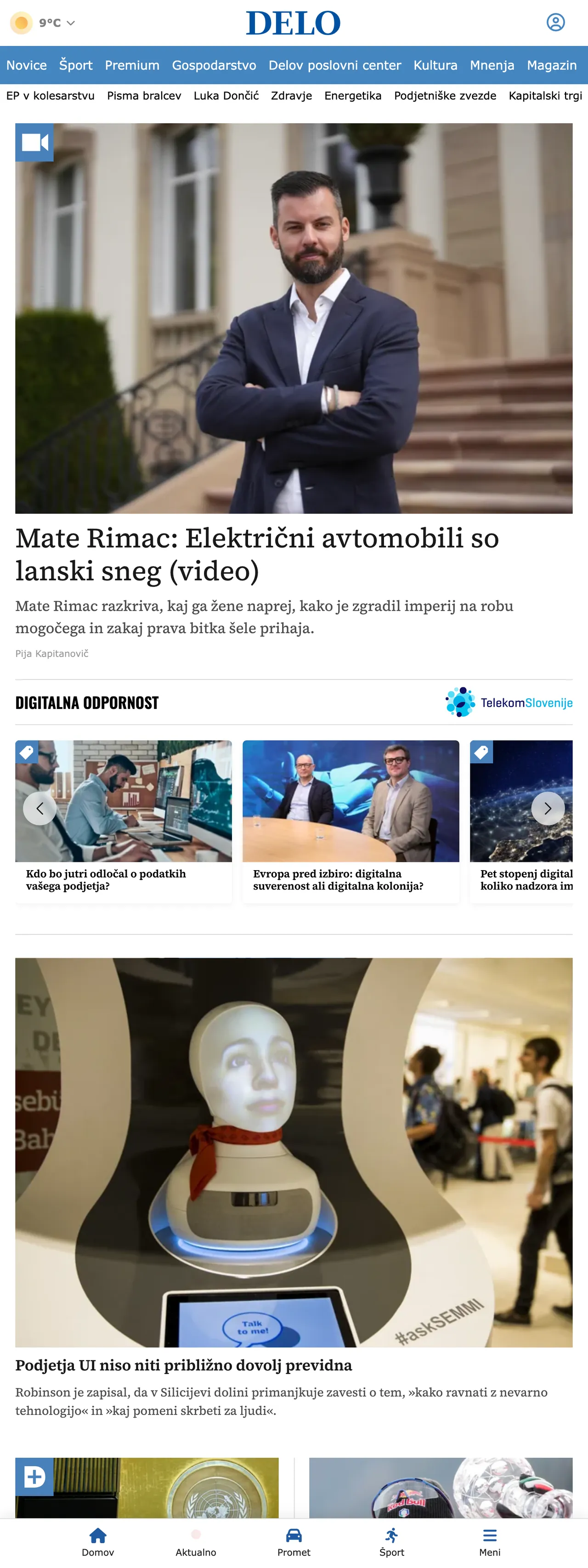 Screenshot of the Delo front page