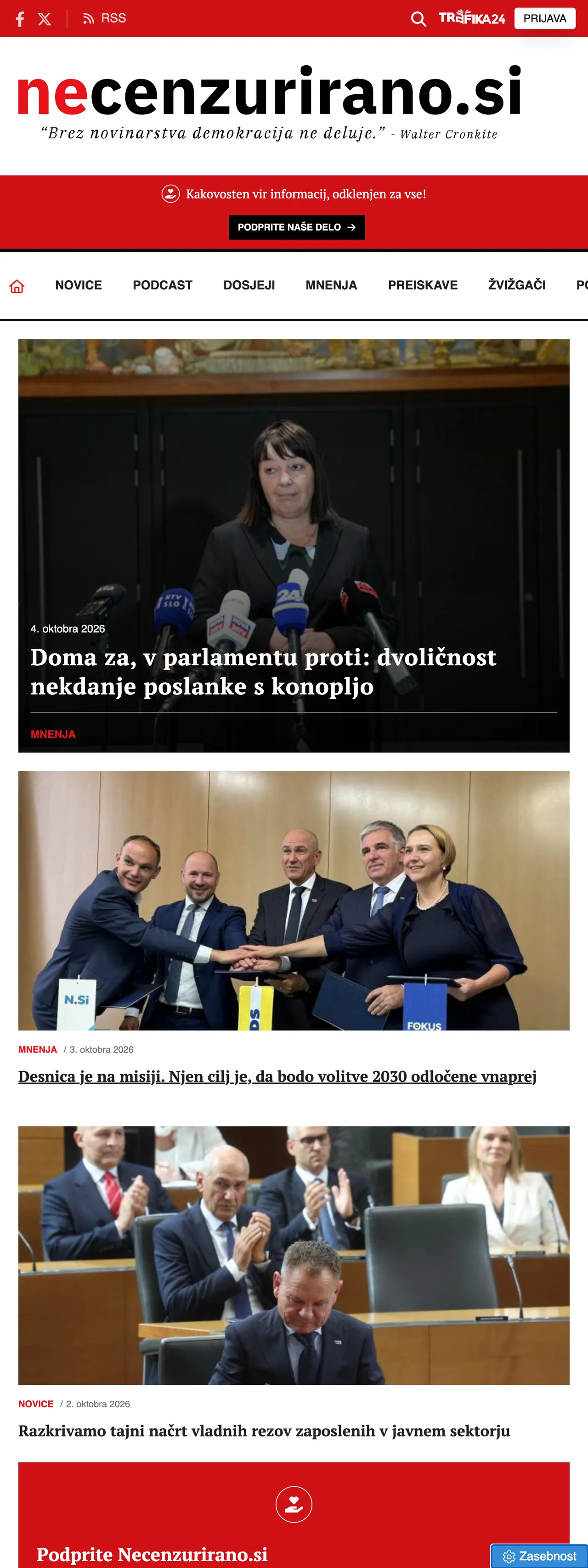 Screenshot of the Necenzurirano front page