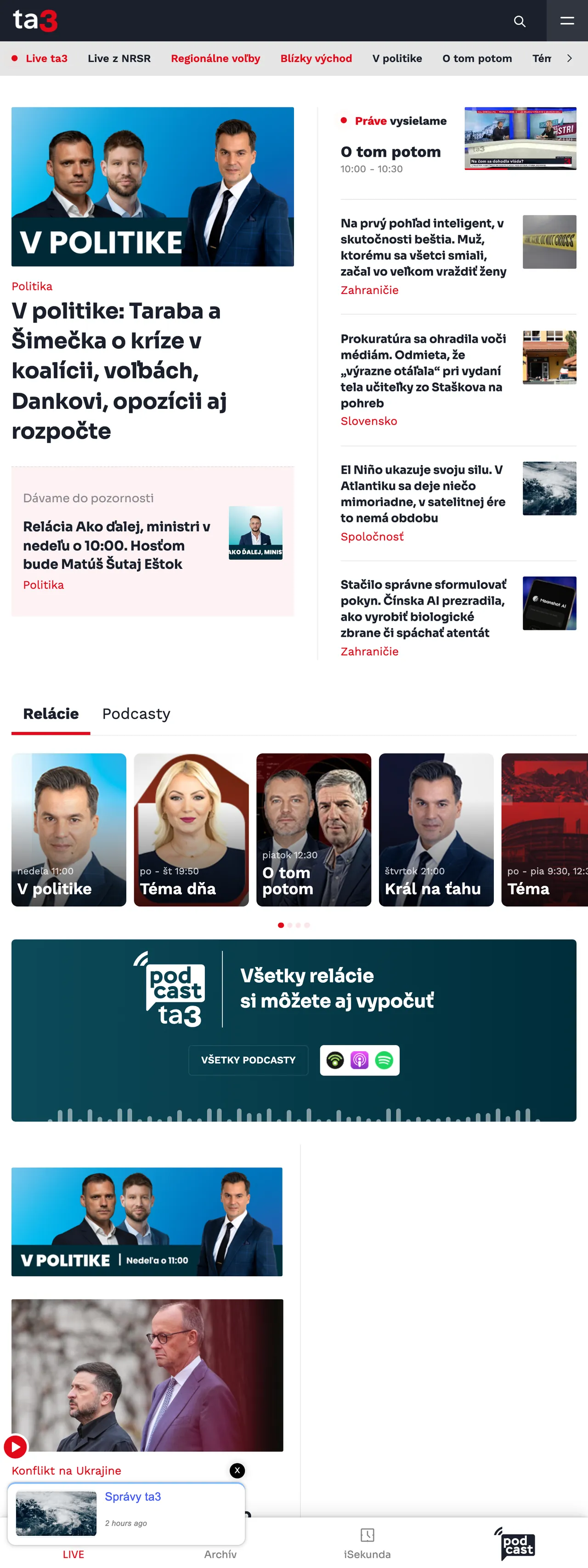 Screenshot of the TA3 front page