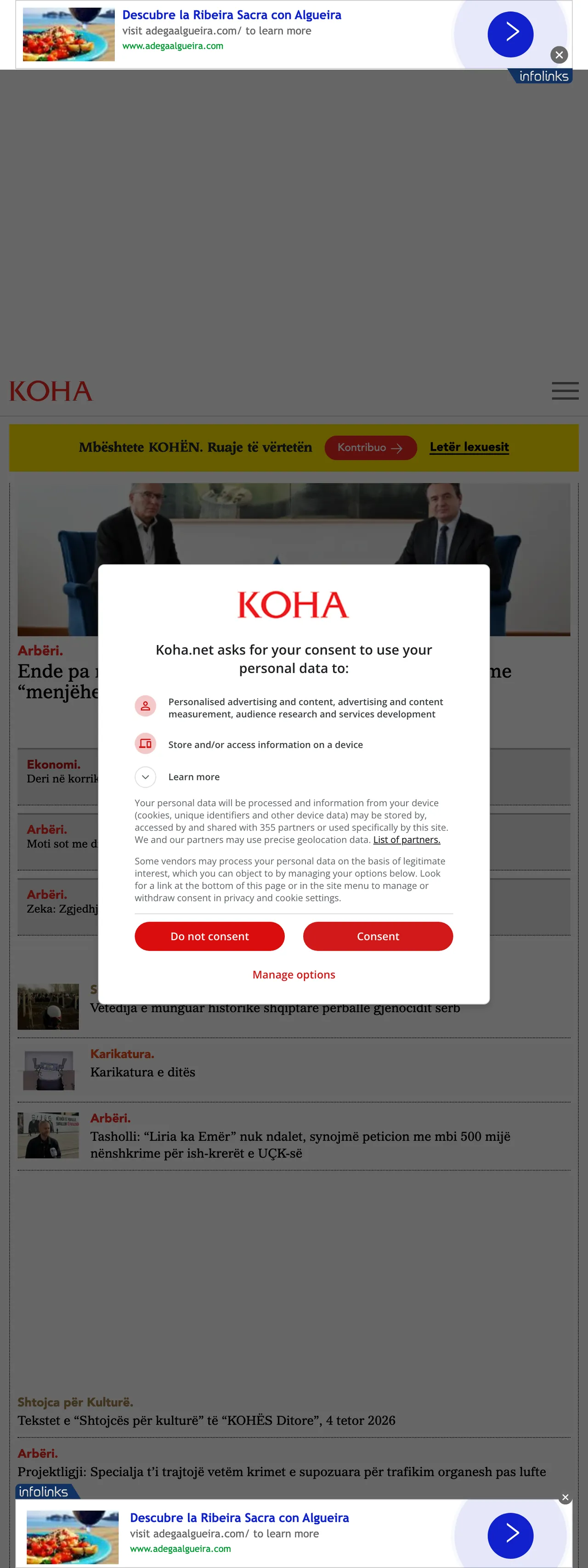 Screenshot of the Koha Ditore front page