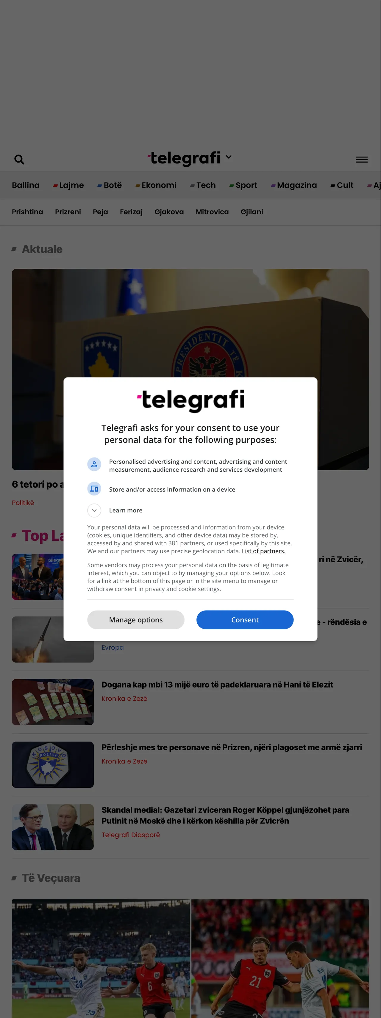 Screenshot of the Telegrafi front page