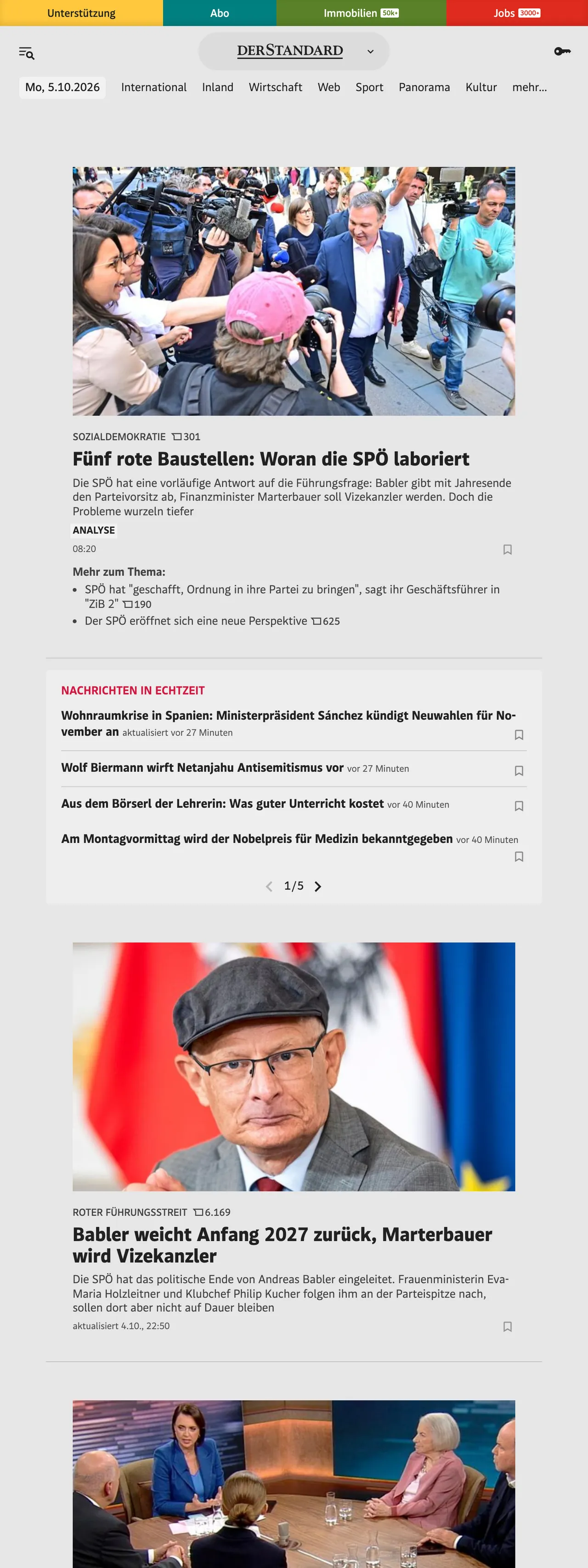 Screenshot of the DER STANDARD front page