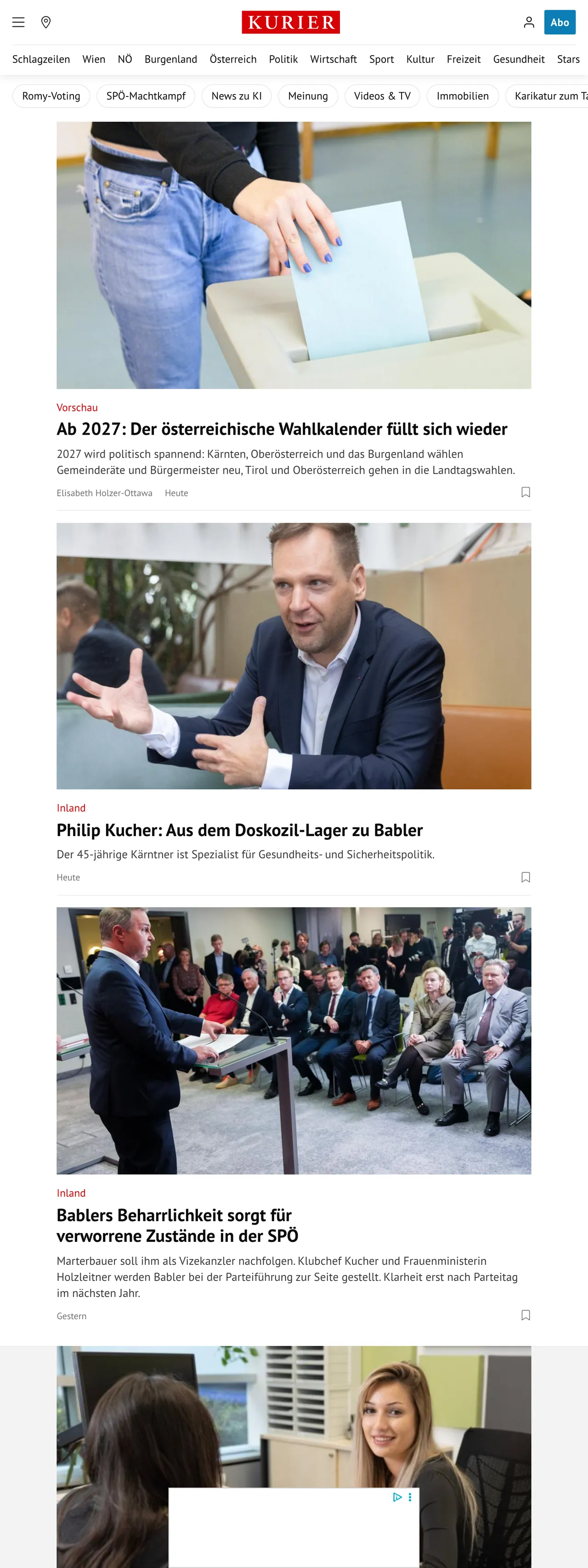 Screenshot of the Kurier front page