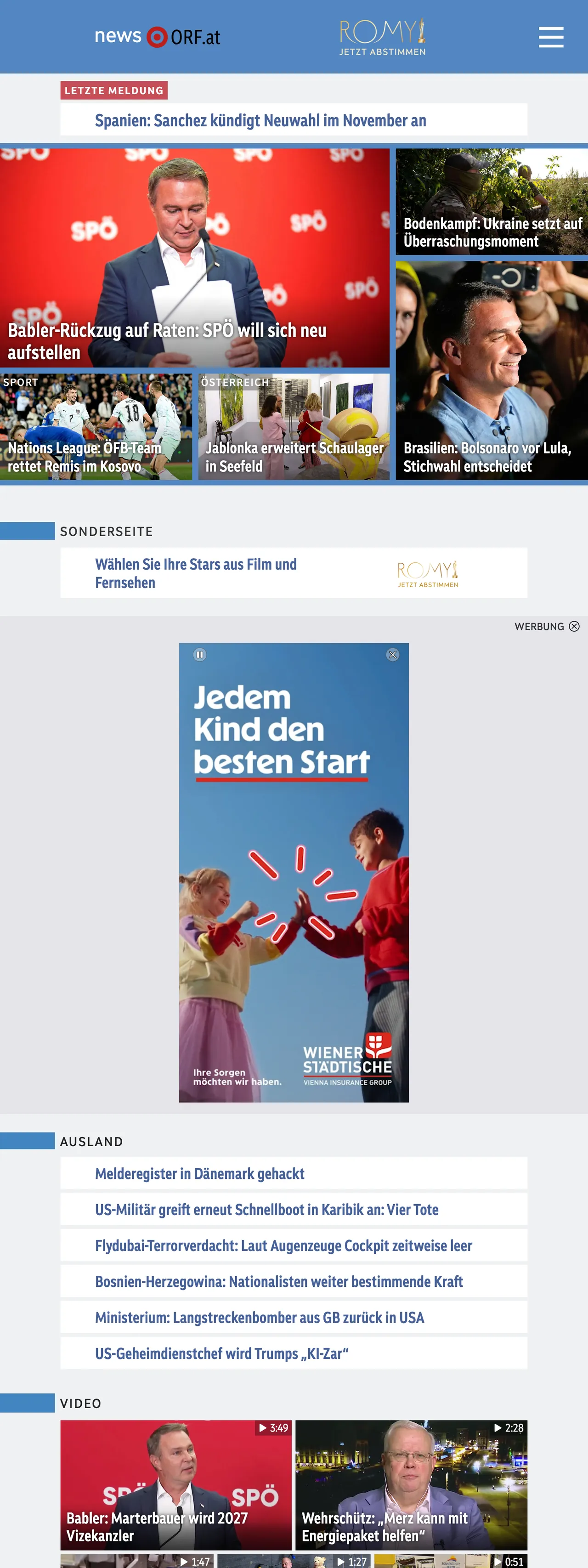 Screenshot of the ORF front page