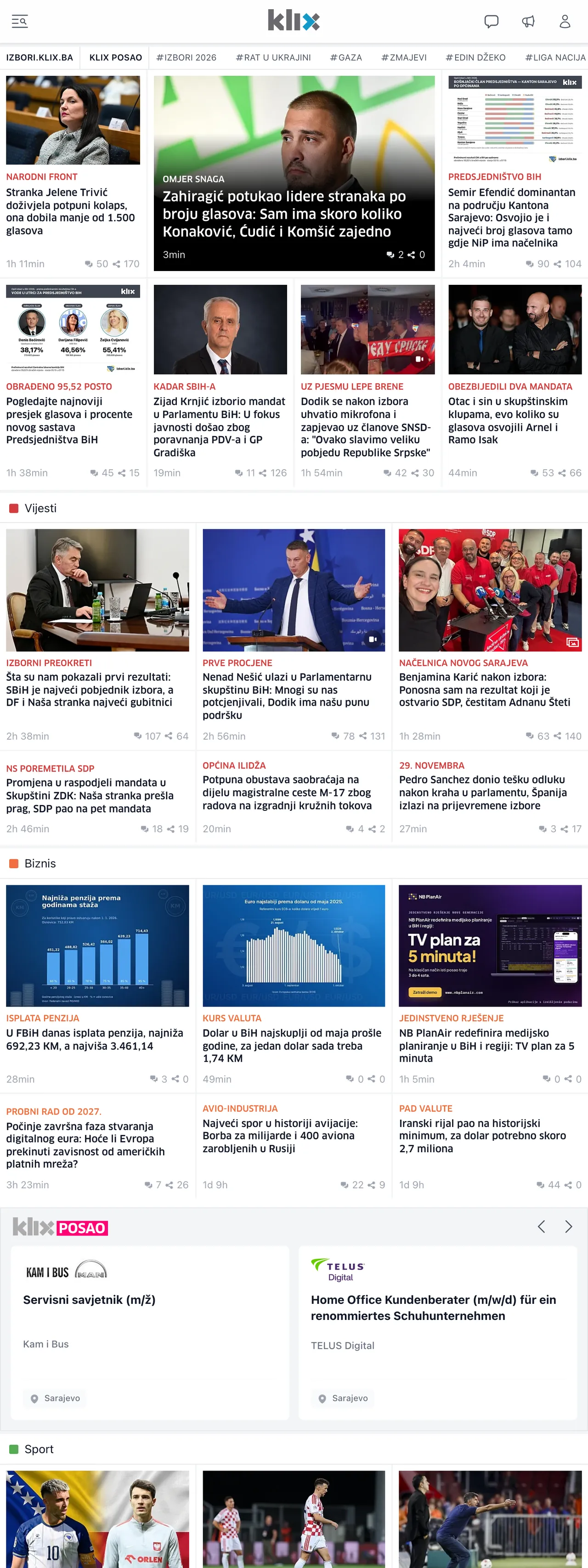 Screenshot of the Klix.ba front page