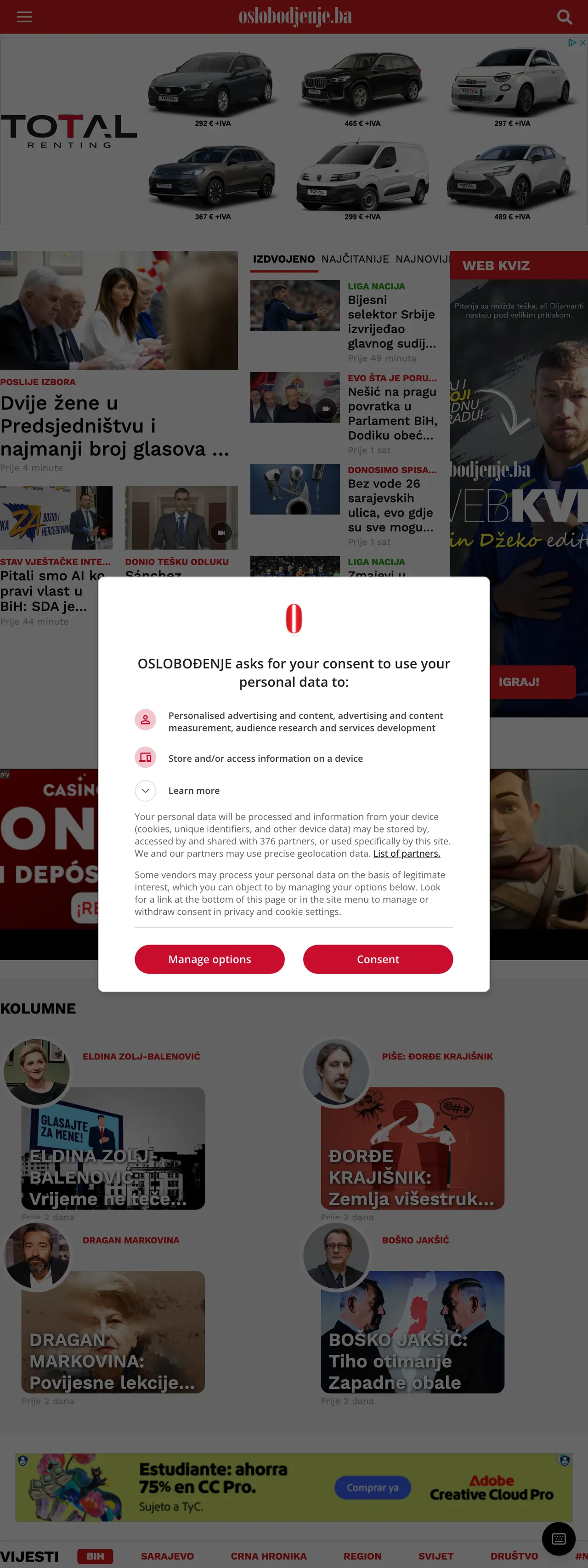 Screenshot of the Oslobođenje front page