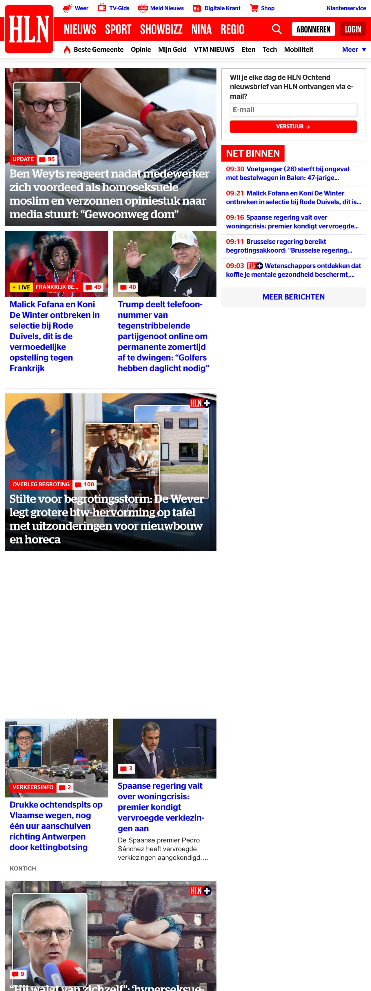 Screenshot of the HLN front page