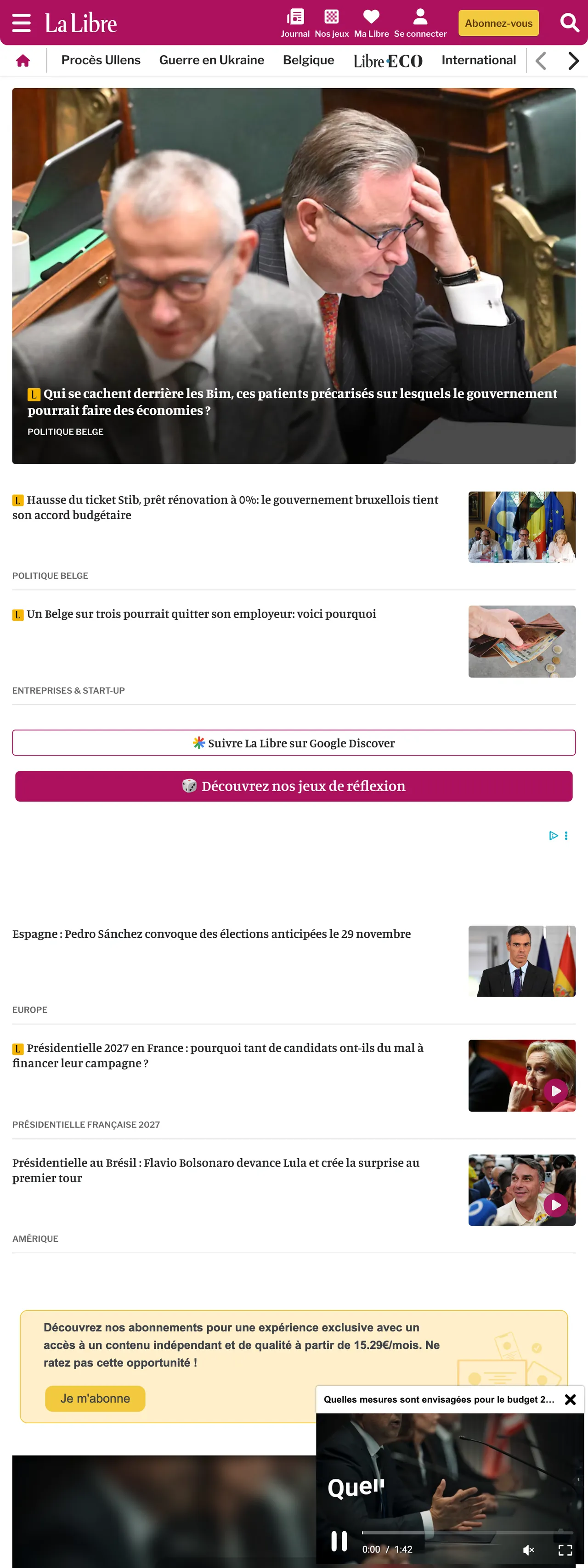 Screenshot of the La Libre front page
